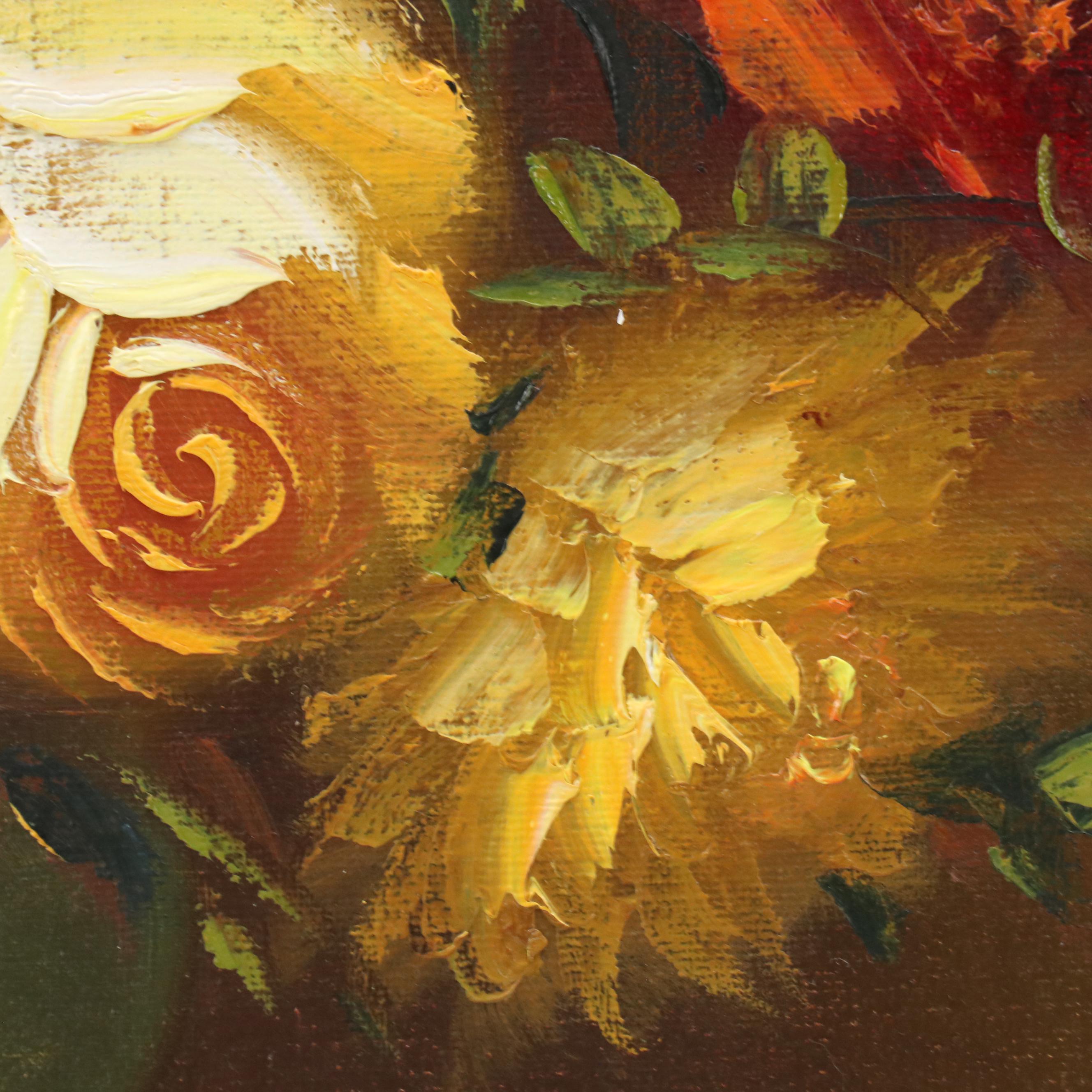 Floral Still Life Oil Painting with Vase of Roses and Poppies