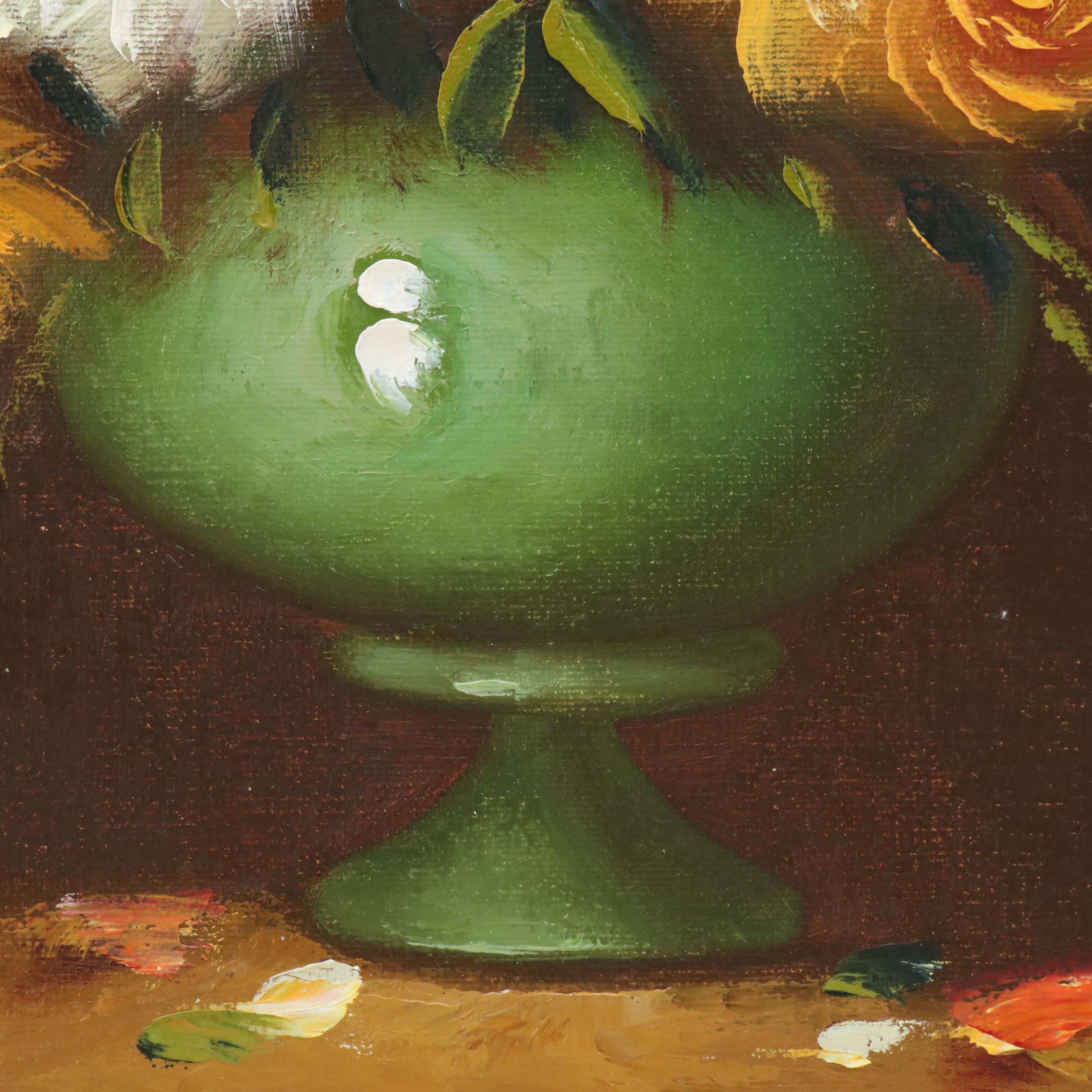 Floral Still Life Oil Painting with Vase of Roses and Poppies