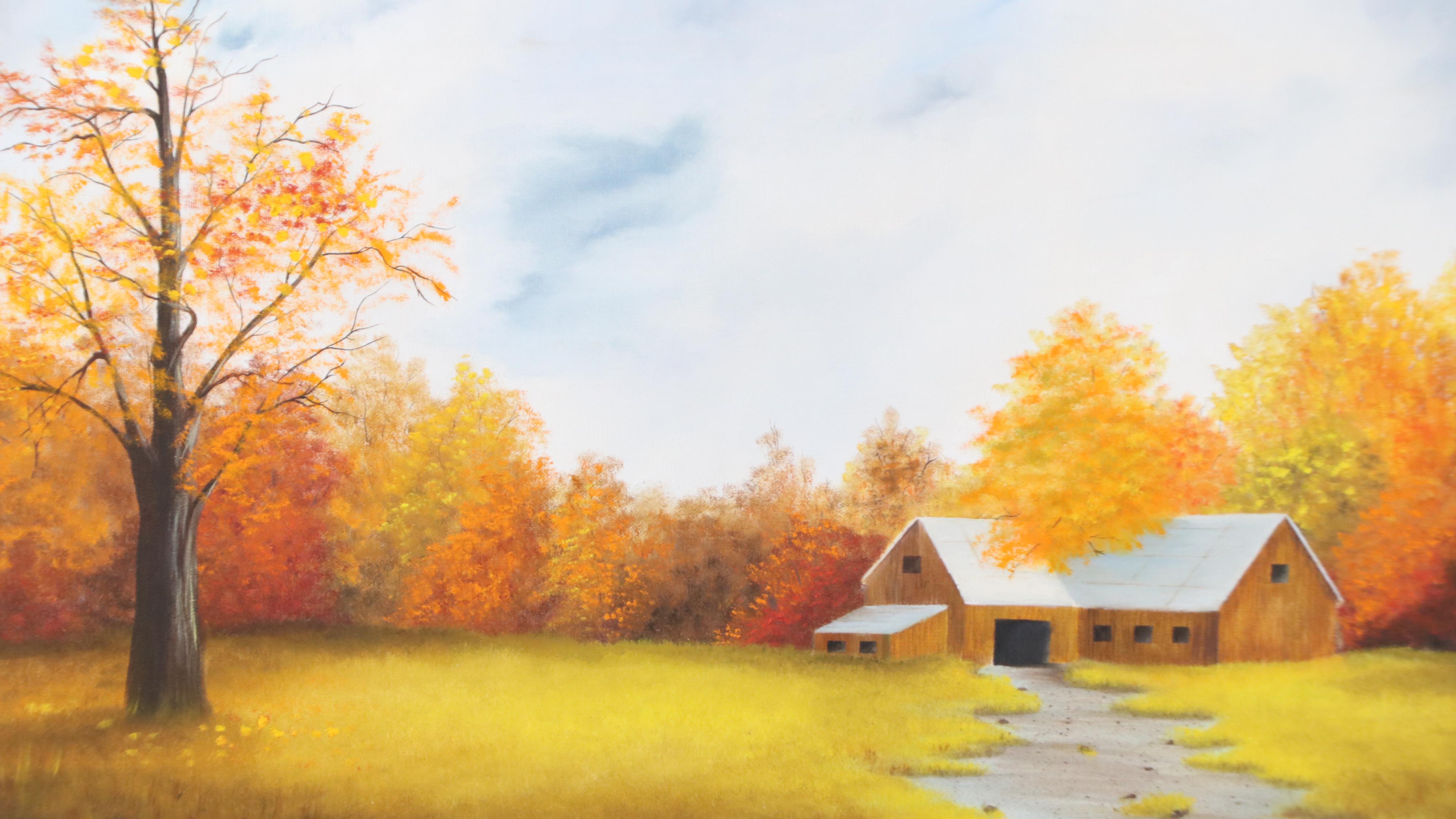Oil Painting of Autumn Landscape with Barn, Late 20th–21st Century