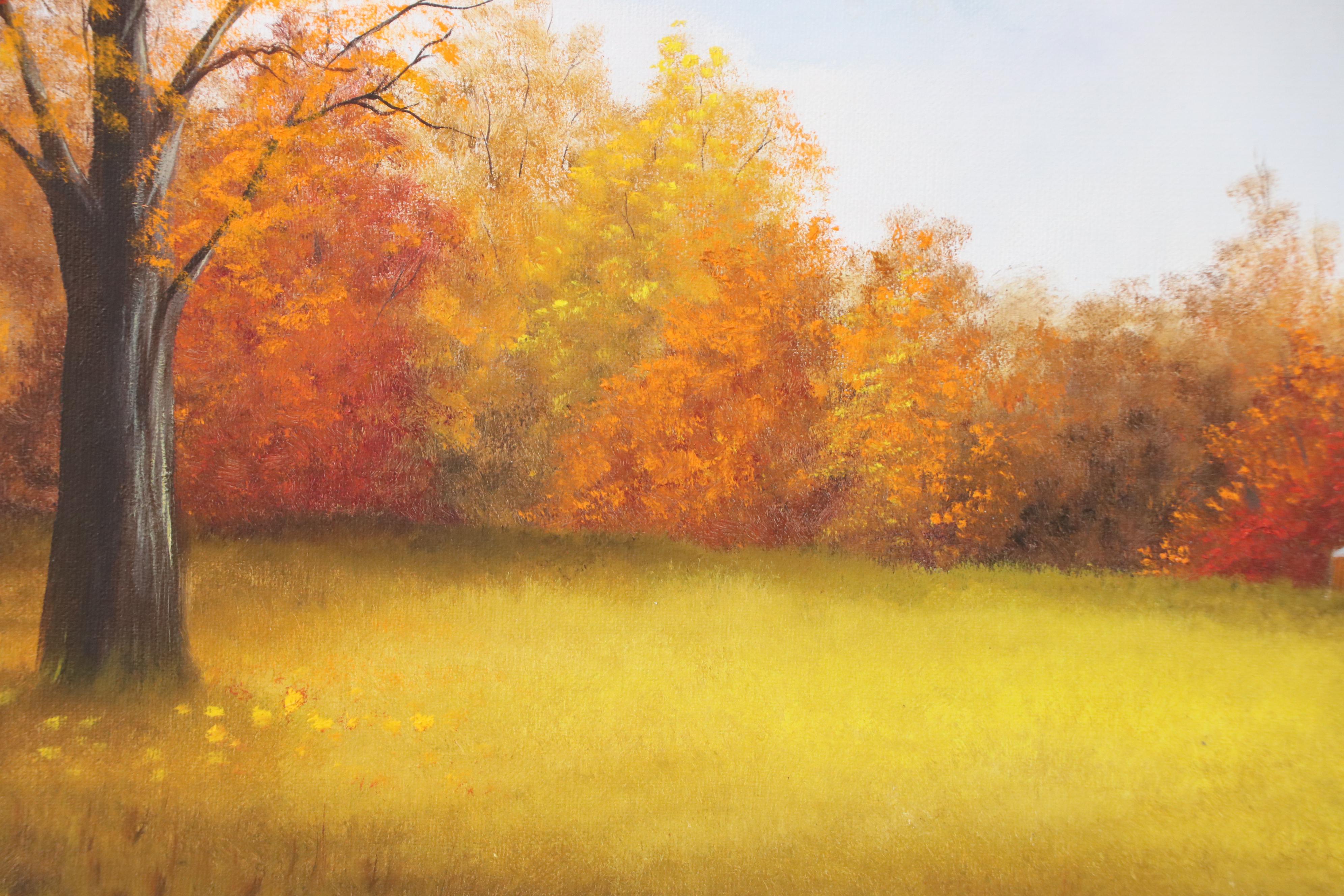 Oil Painting of Autumn Landscape with Barn, Late 20th–21st Century