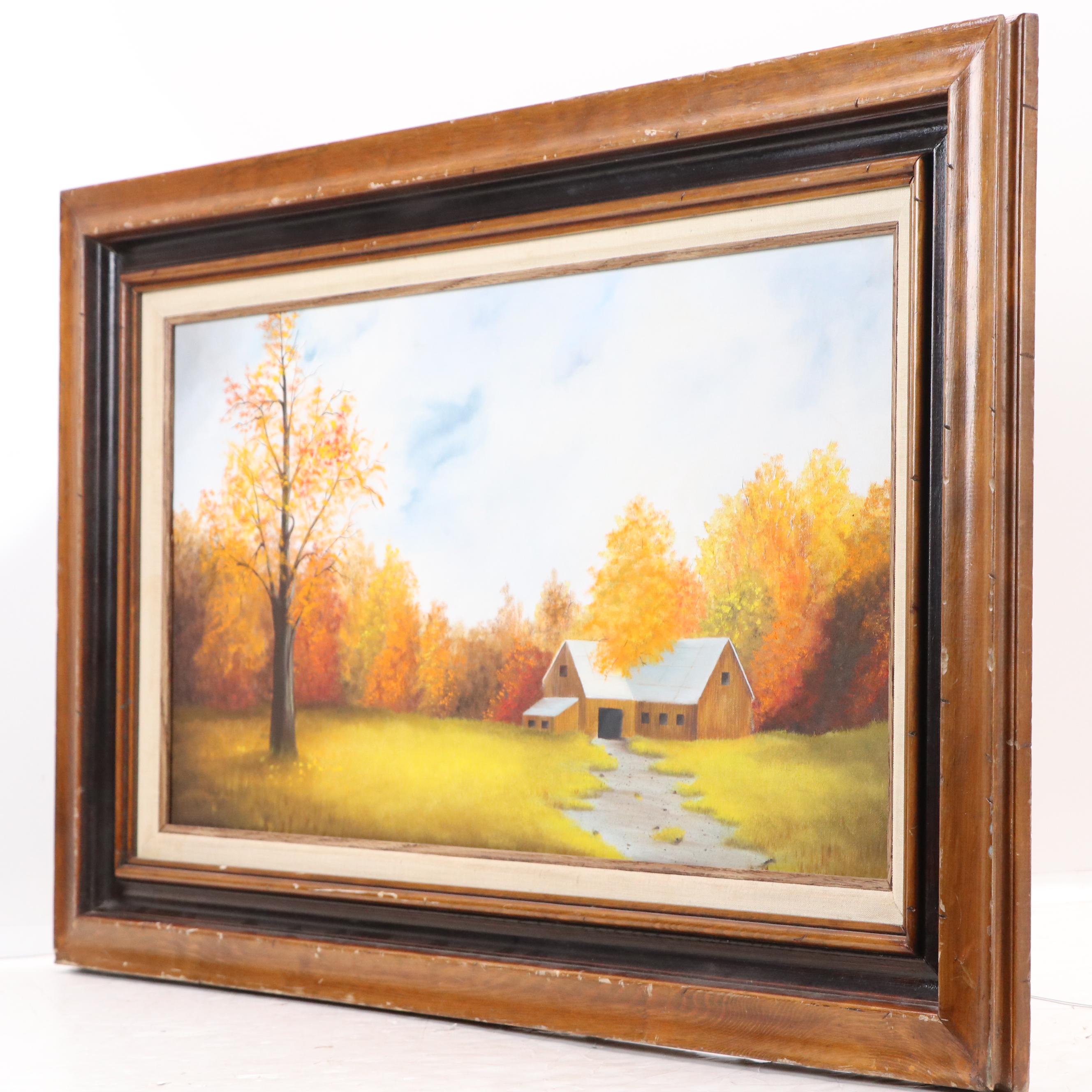 Oil Painting of Autumn Landscape with Barn, Late 20th–21st Century