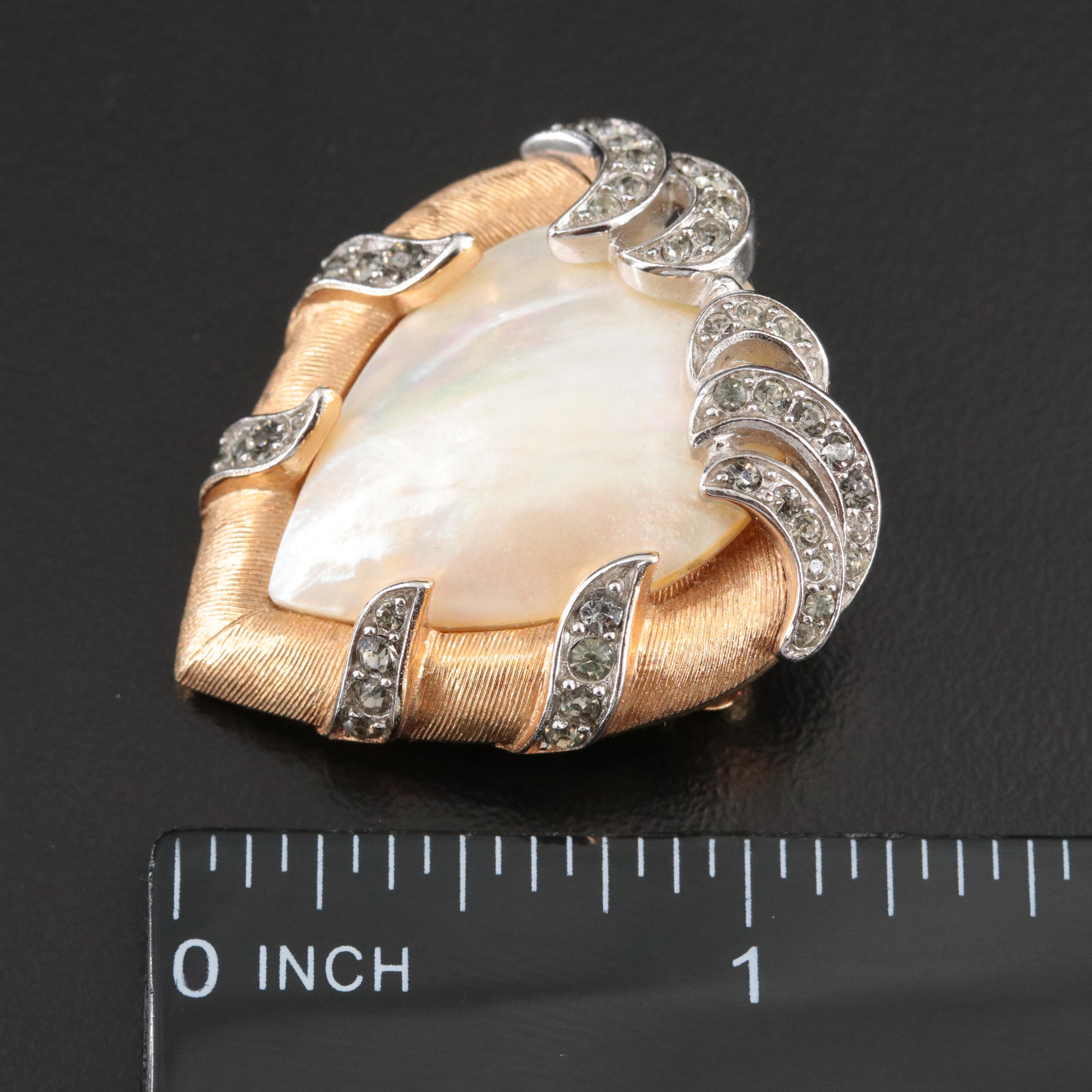 Vintage Crown Trifari Mother-of-Pearl and Rhinestone Heart Brooch