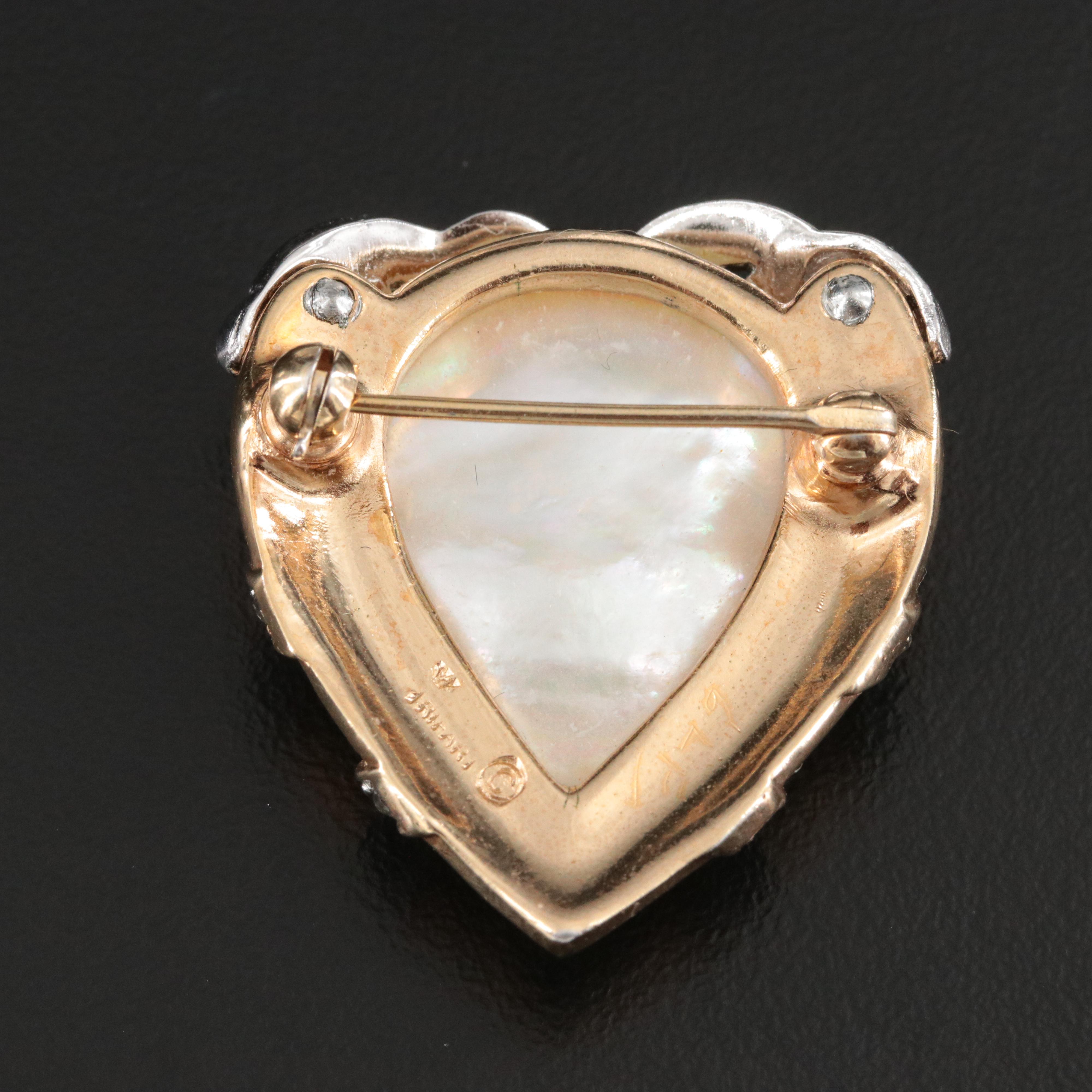 Vintage Crown Trifari Mother-of-Pearl and Rhinestone Heart Brooch
