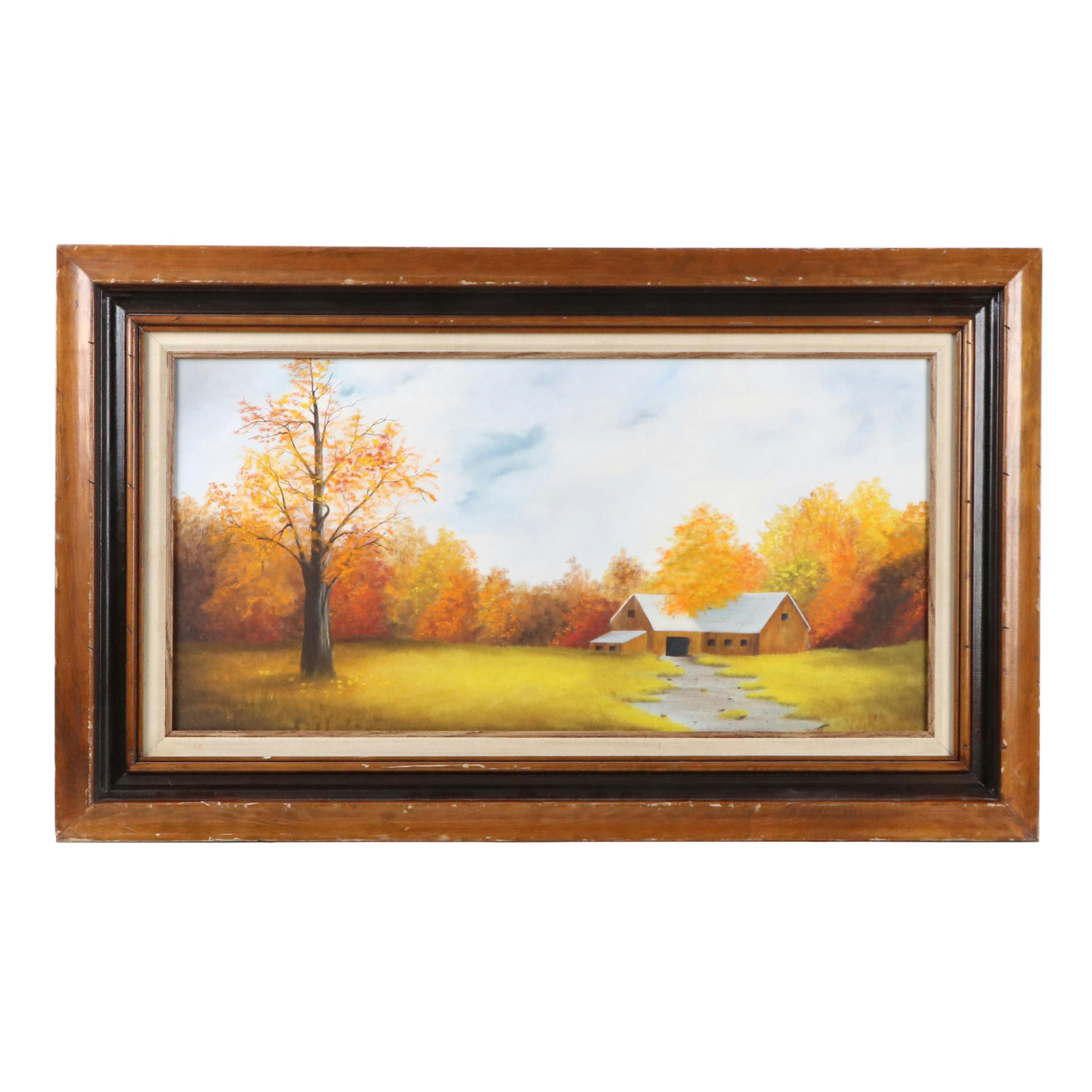 Oil Painting of Autumn Landscape with Barn, Late 20th–21st Century