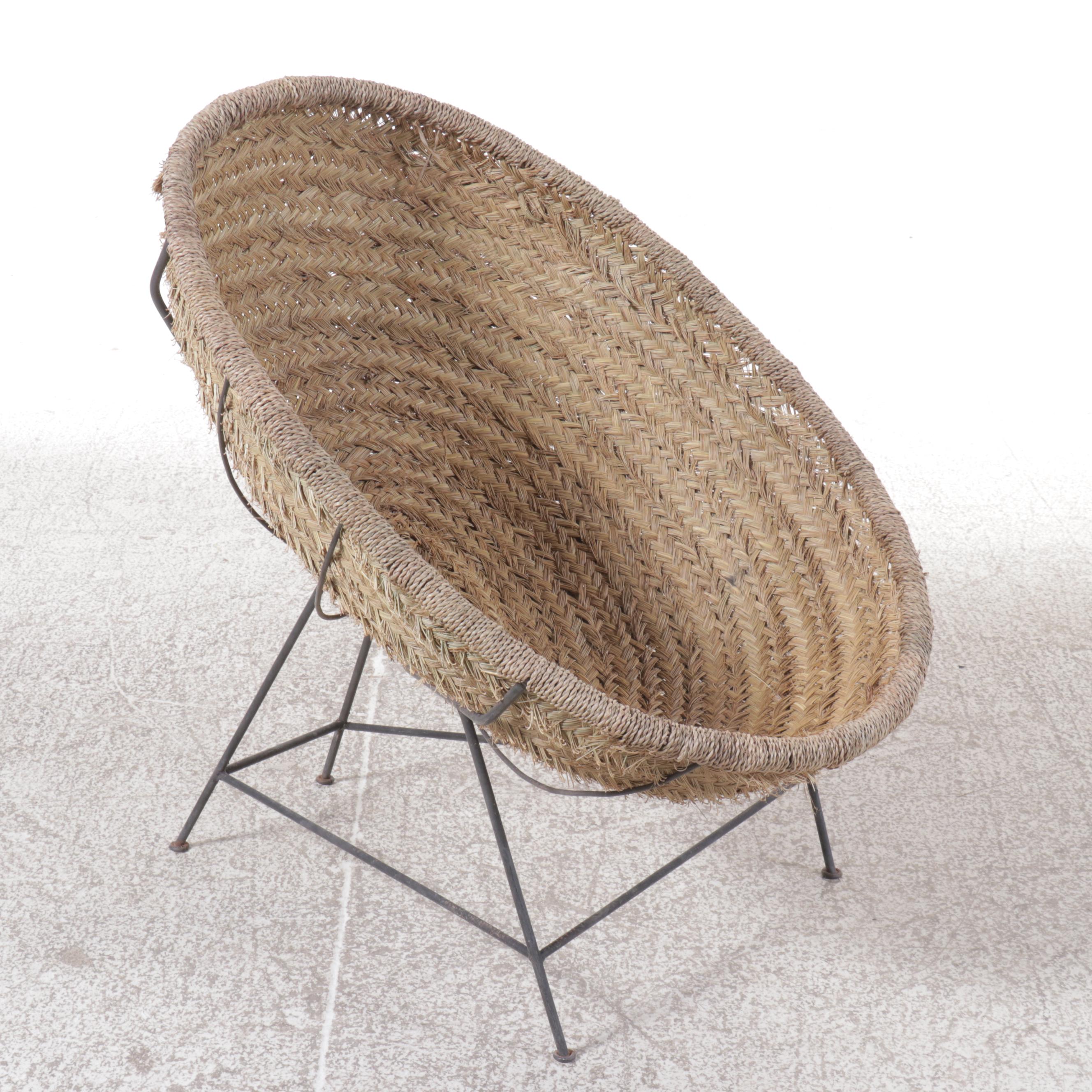Pair of Woven Seagrass and Metal Lounge Chairs