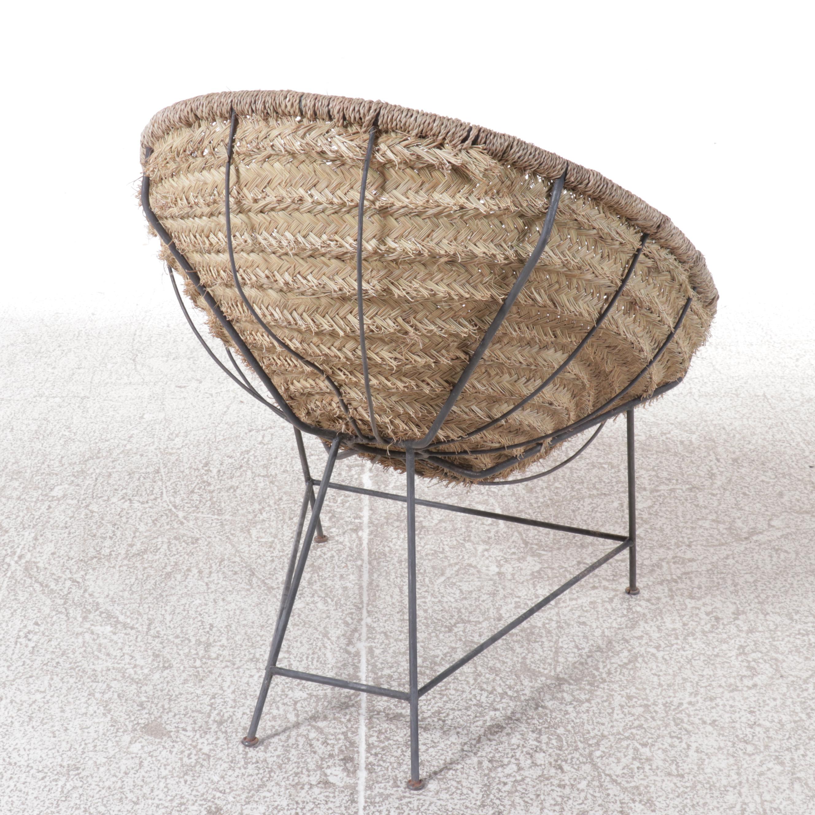 Pair of Woven Seagrass and Metal Lounge Chairs