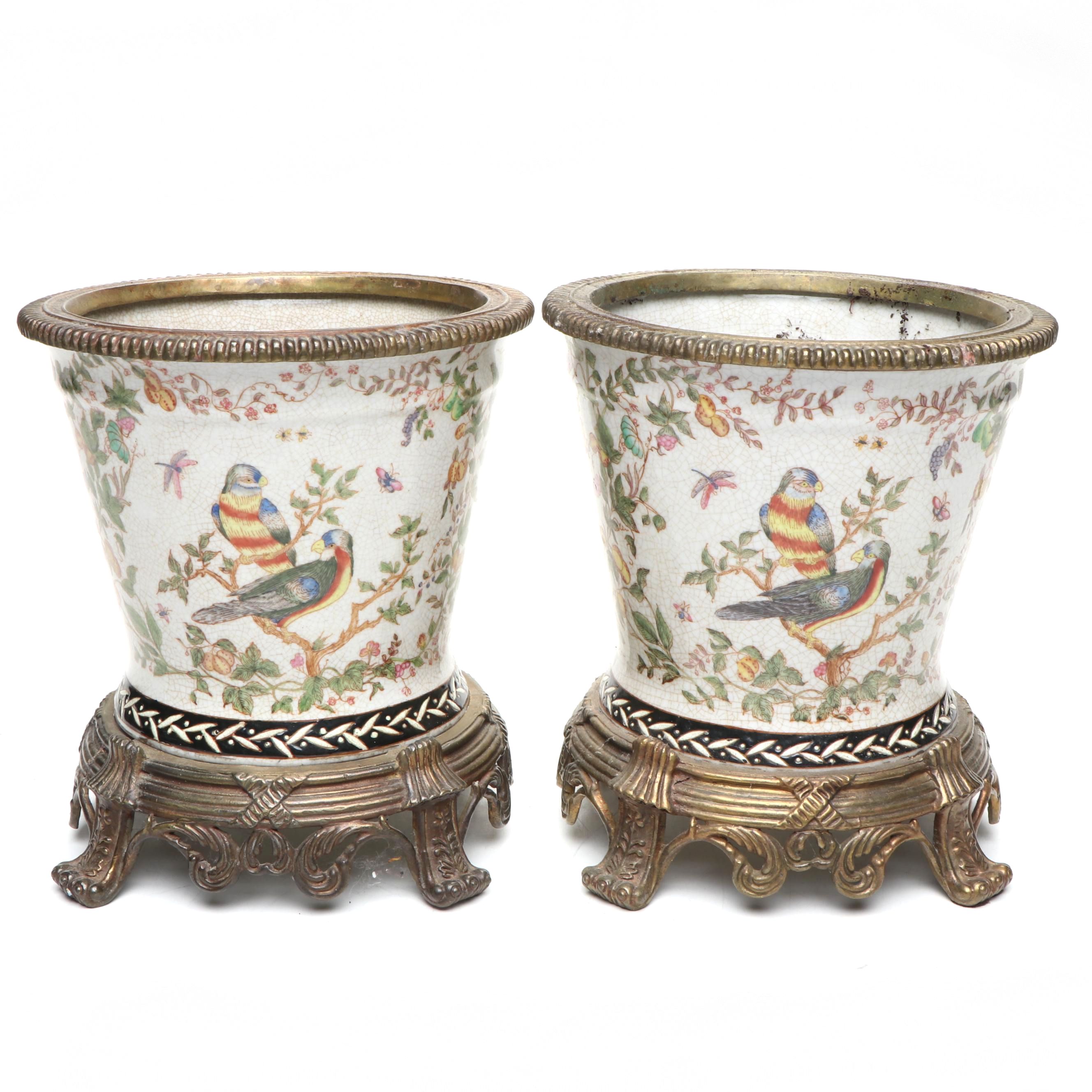 Chinese Ceramic Planters with Brass Rim and Stand