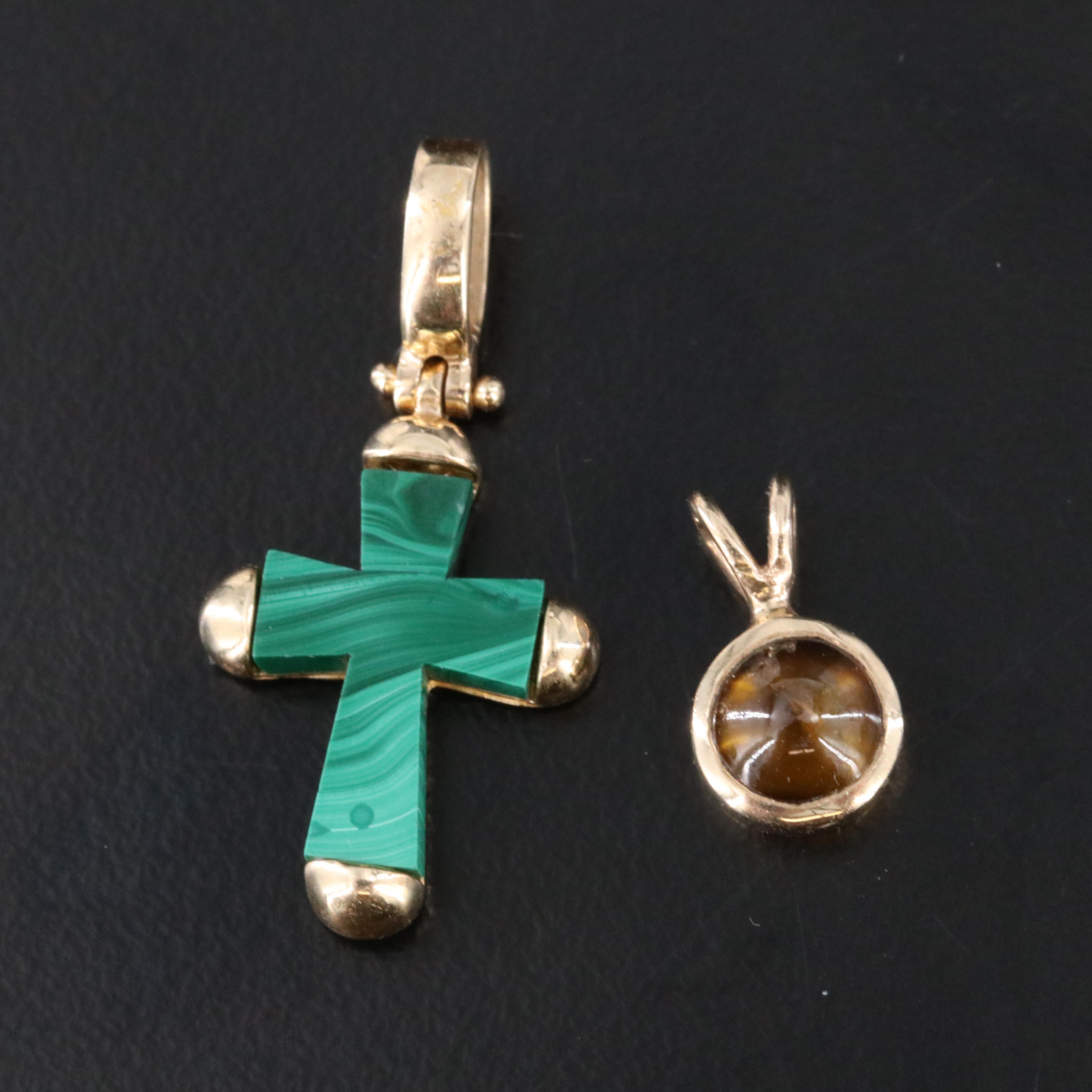 14K Malachite Cross and Star Sapphire Pendants