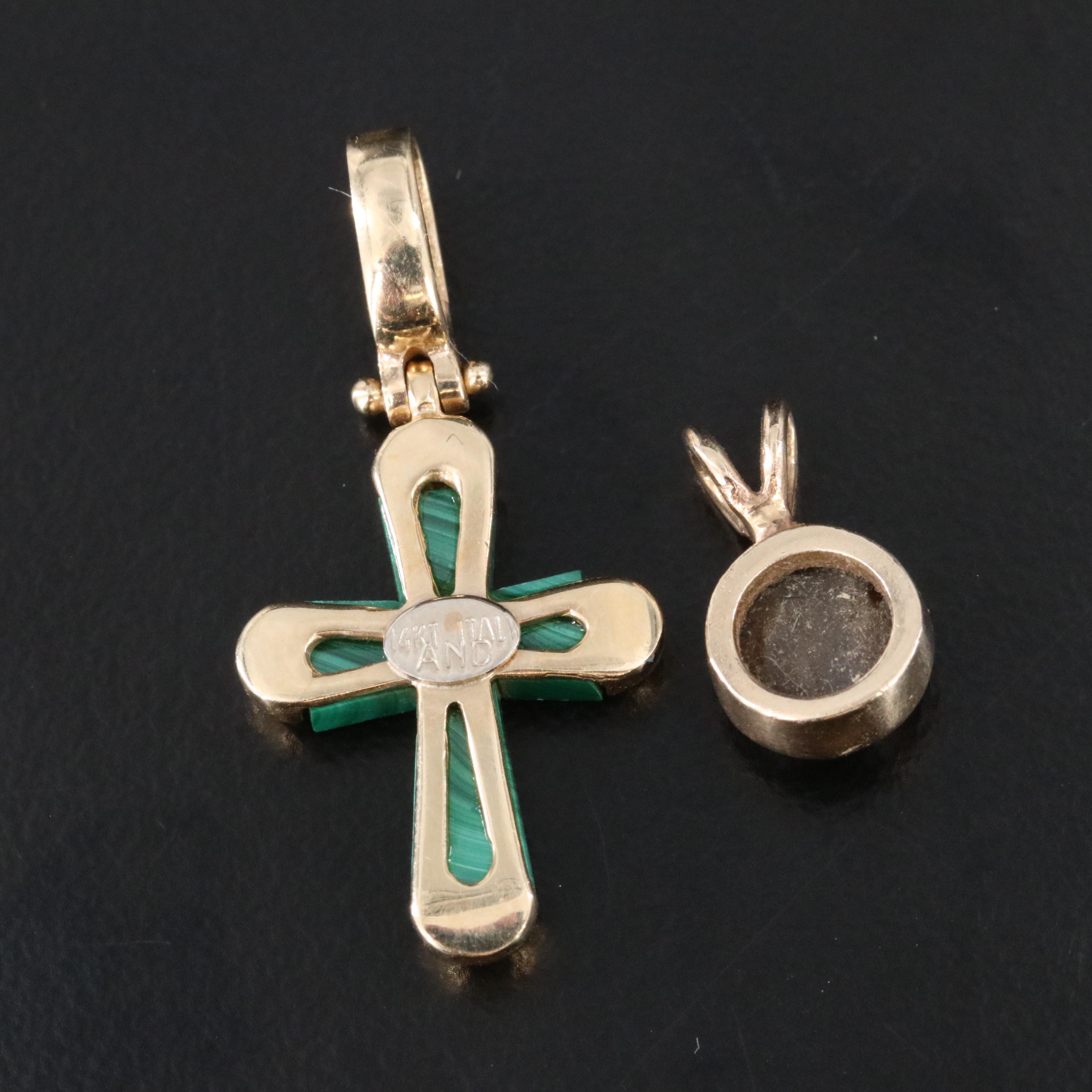 14K Malachite Cross and Star Sapphire Pendants