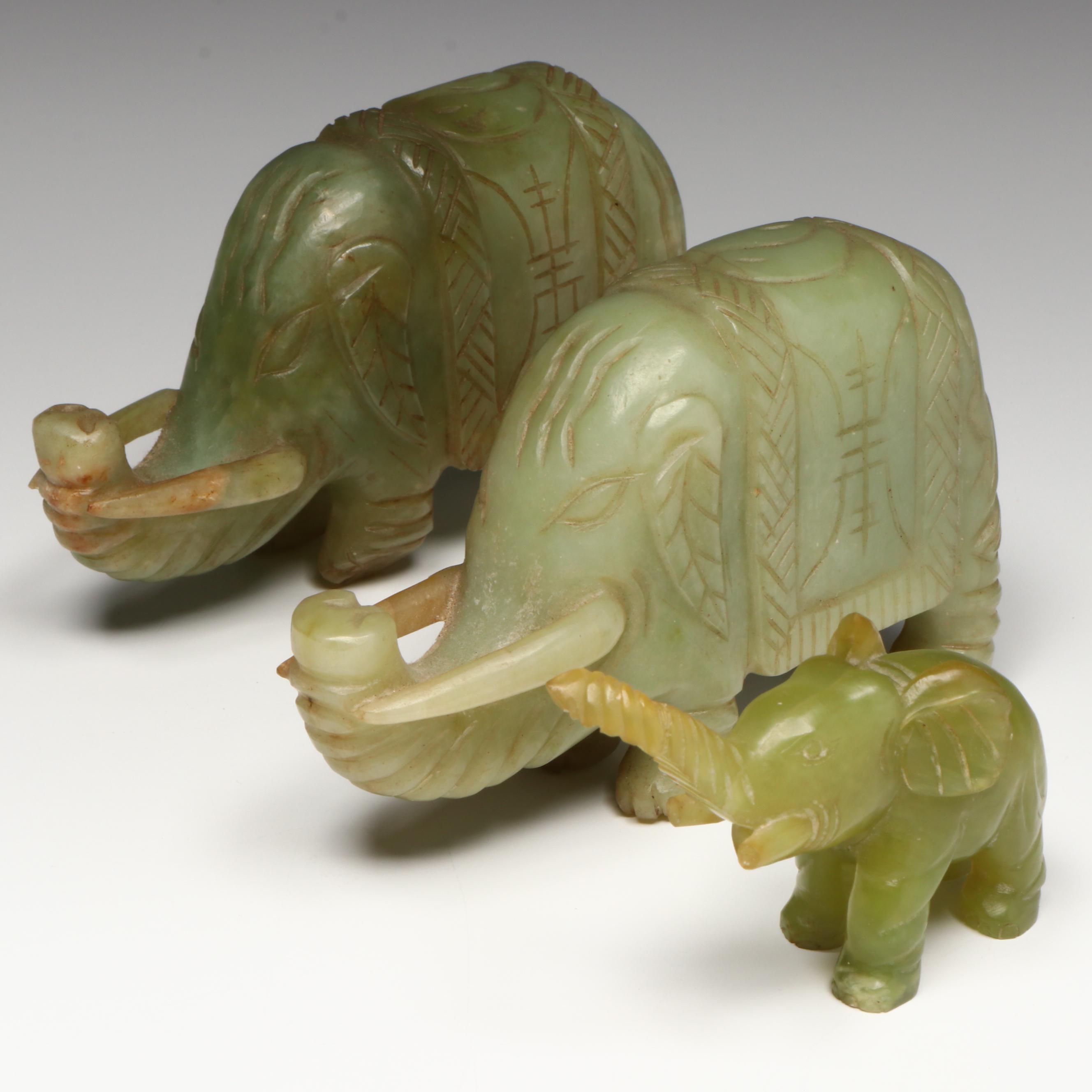 Chinese Carved Serpentine Elephant Figurines