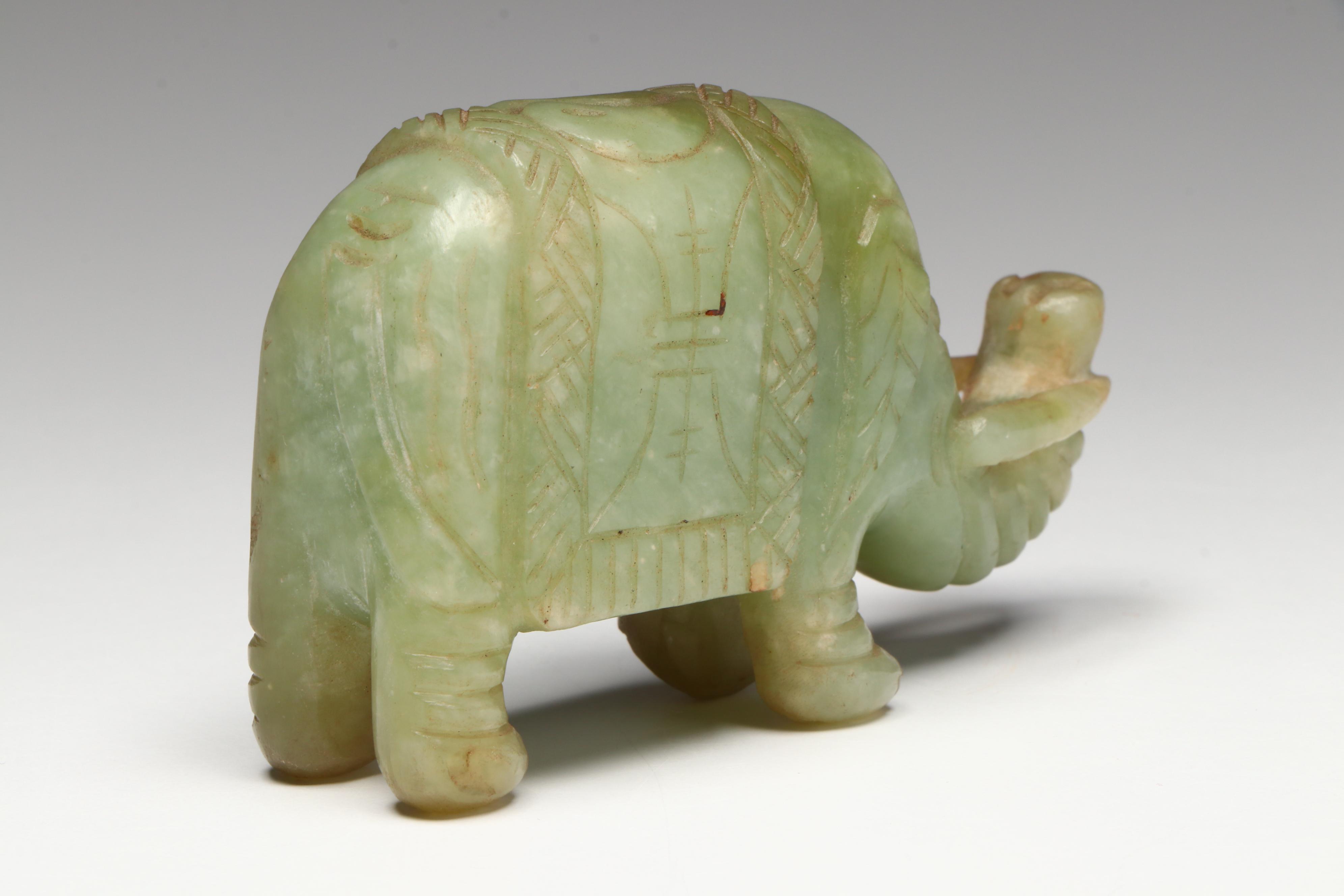 Chinese Carved Serpentine Elephant Figurines