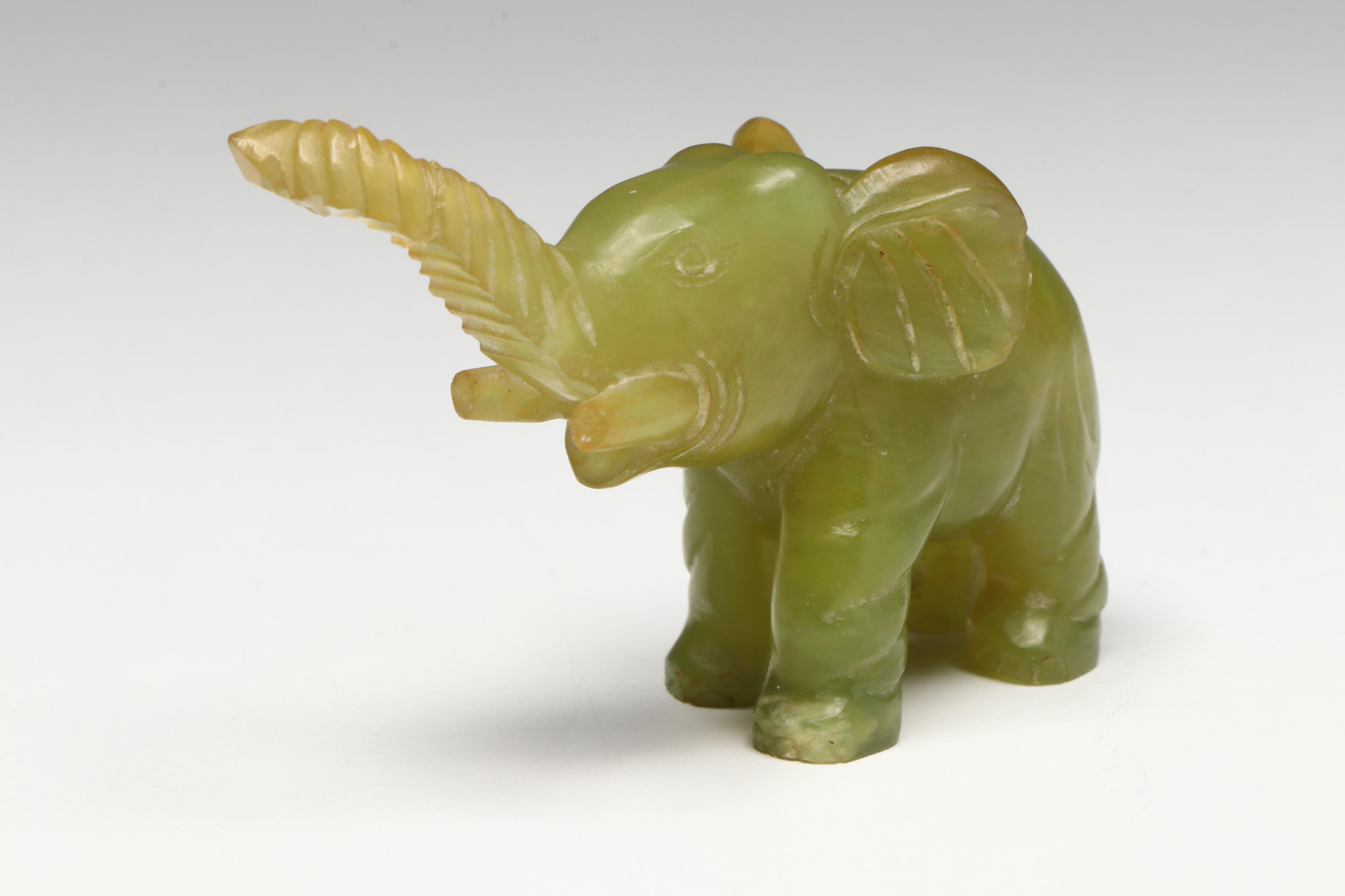Chinese Carved Serpentine Elephant Figurines