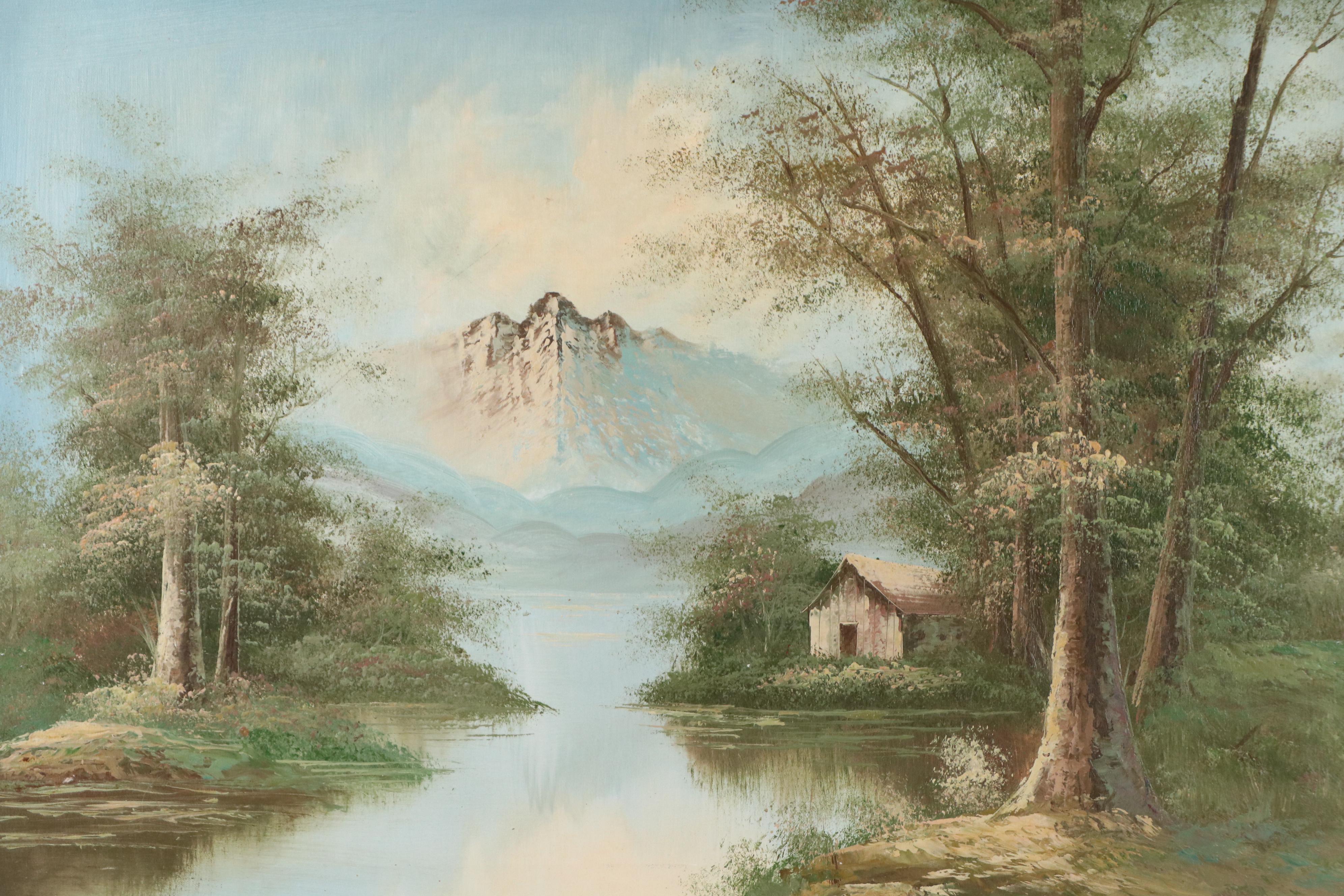 Mountainous Landscape Oil Painting, Late 20th Century