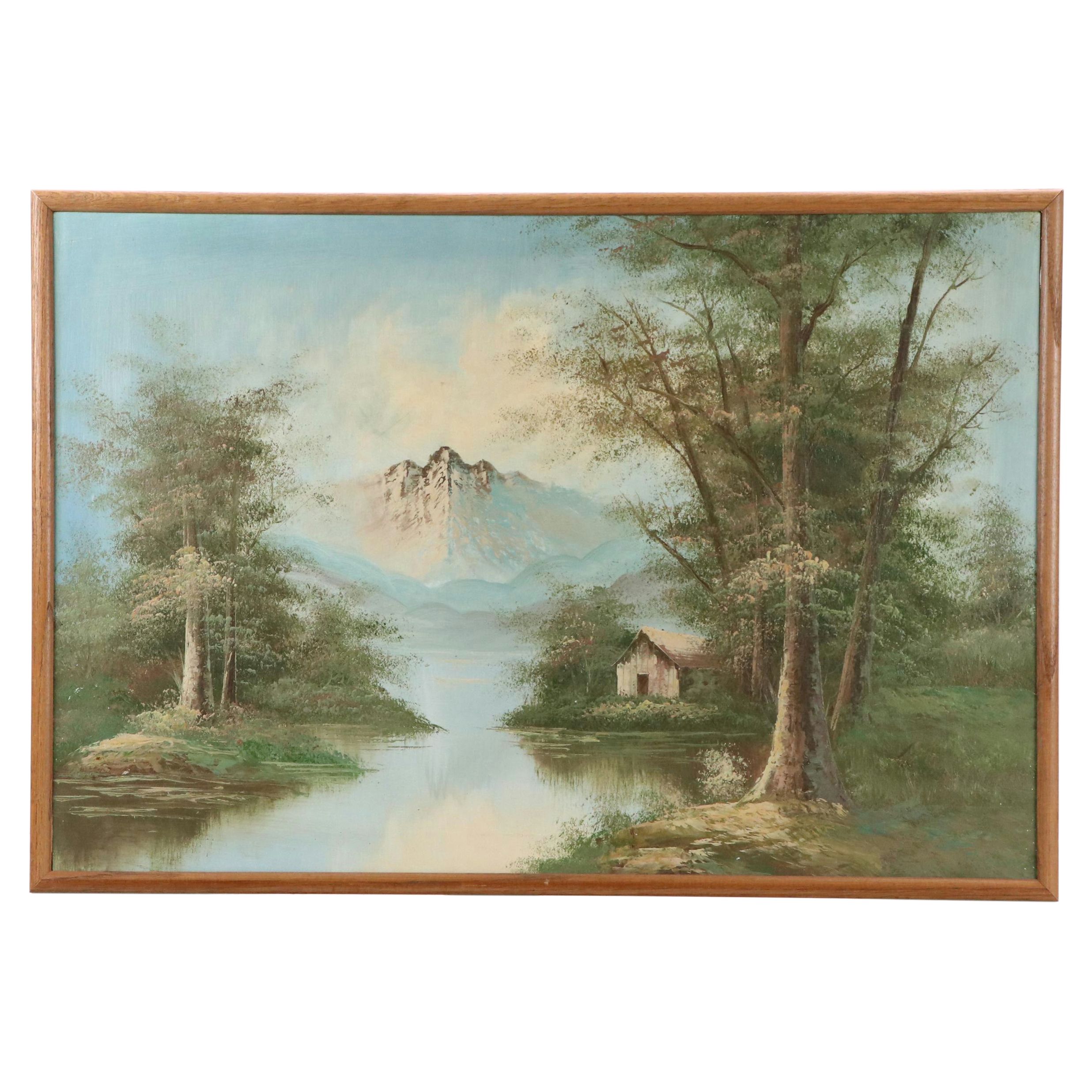 Mountainous Landscape Oil Painting, Late 20th Century