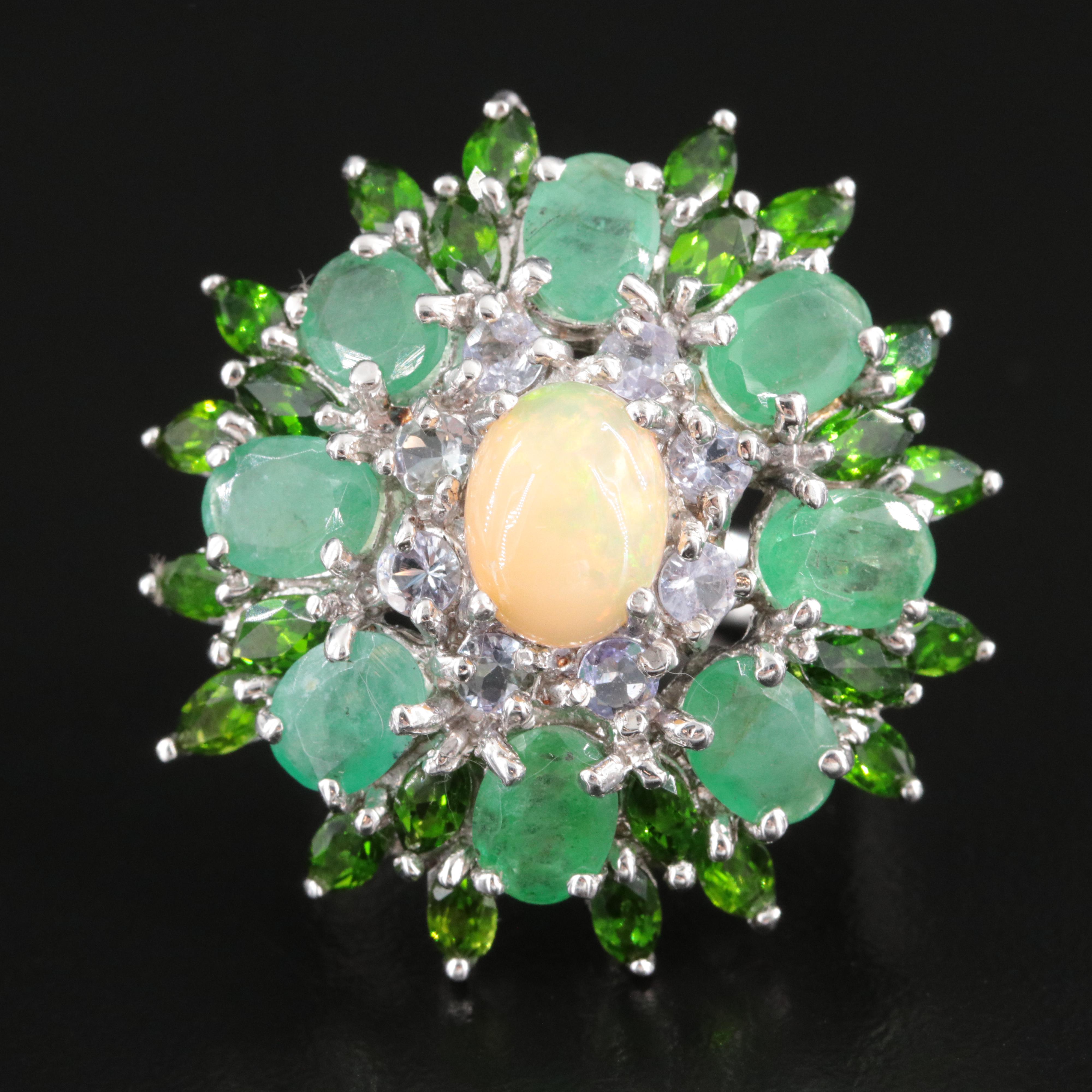 Sterling Opal, Emerald and Tanzanite Ring