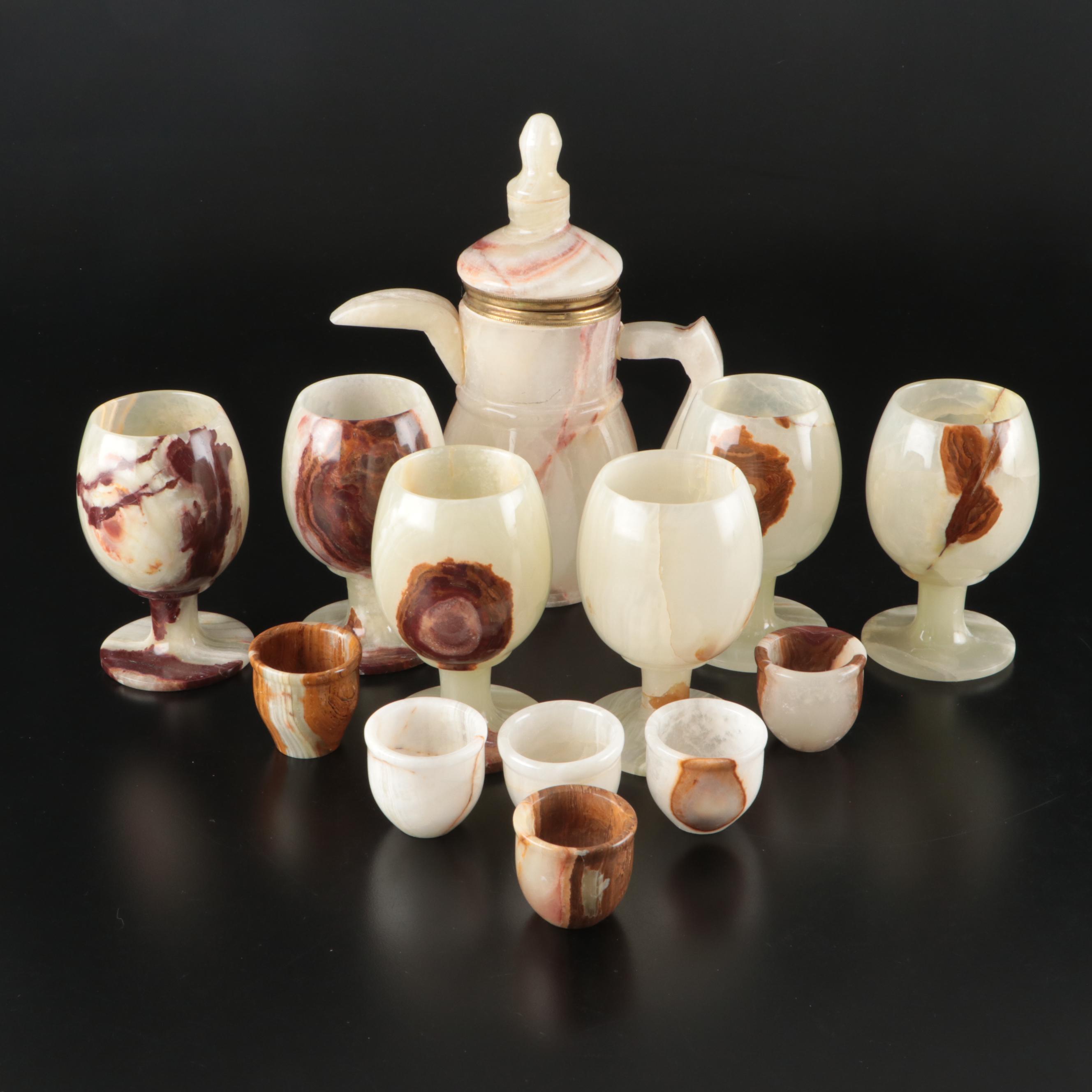 Middle Eastern Turned Onyx Dallah with Cups and Goblets