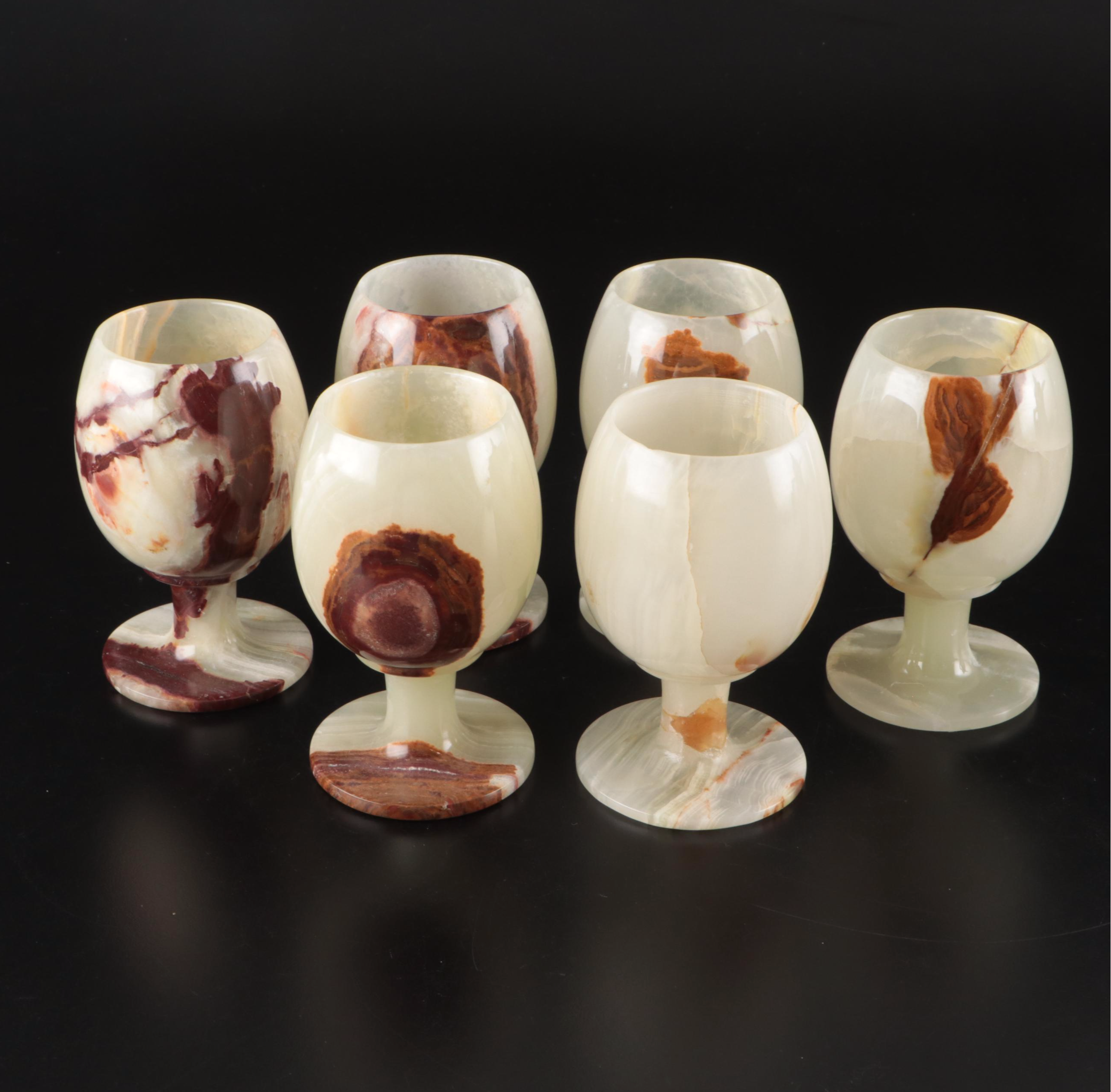 Middle Eastern Turned Onyx Dallah with Cups and Goblets