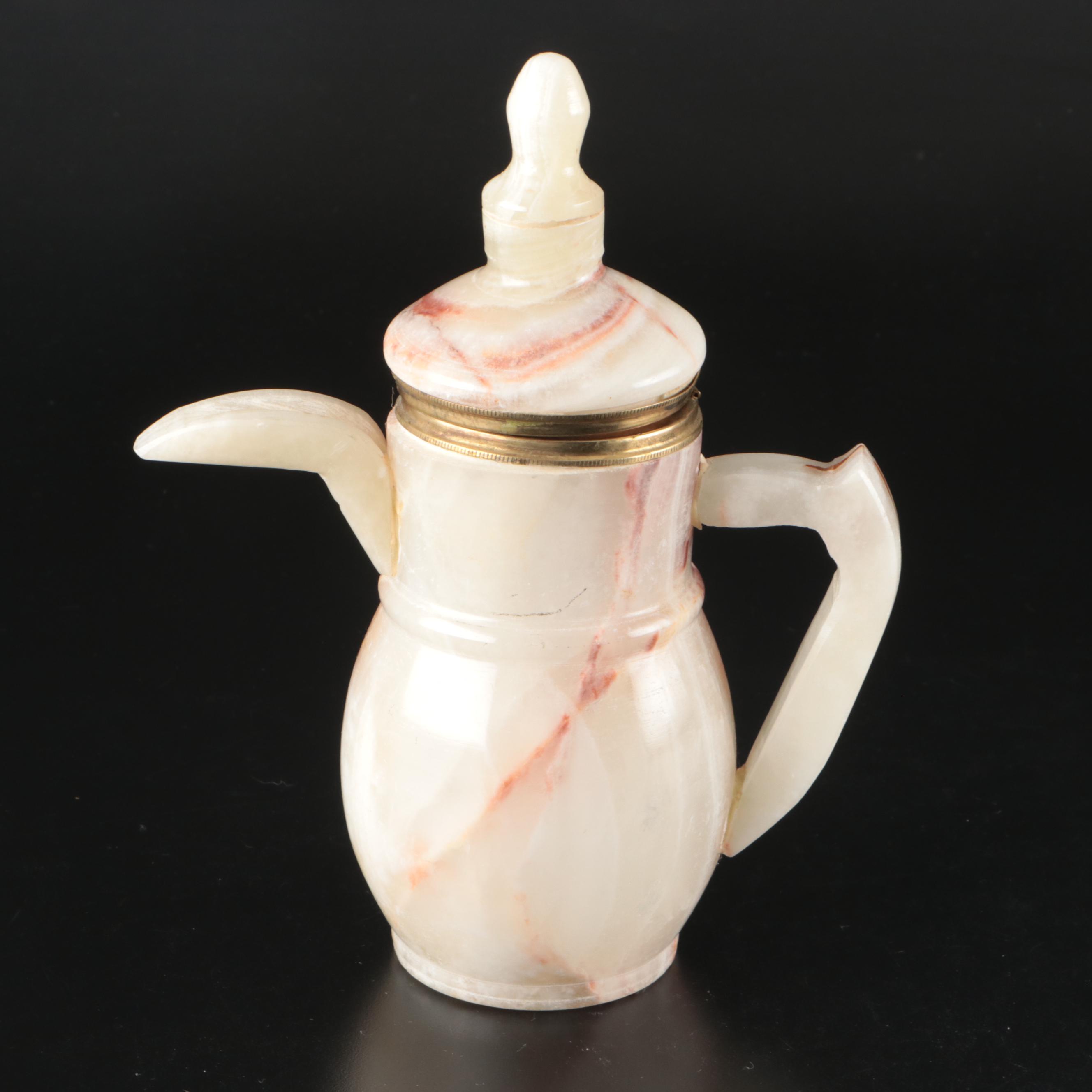 Middle Eastern Turned Onyx Dallah with Cups and Goblets