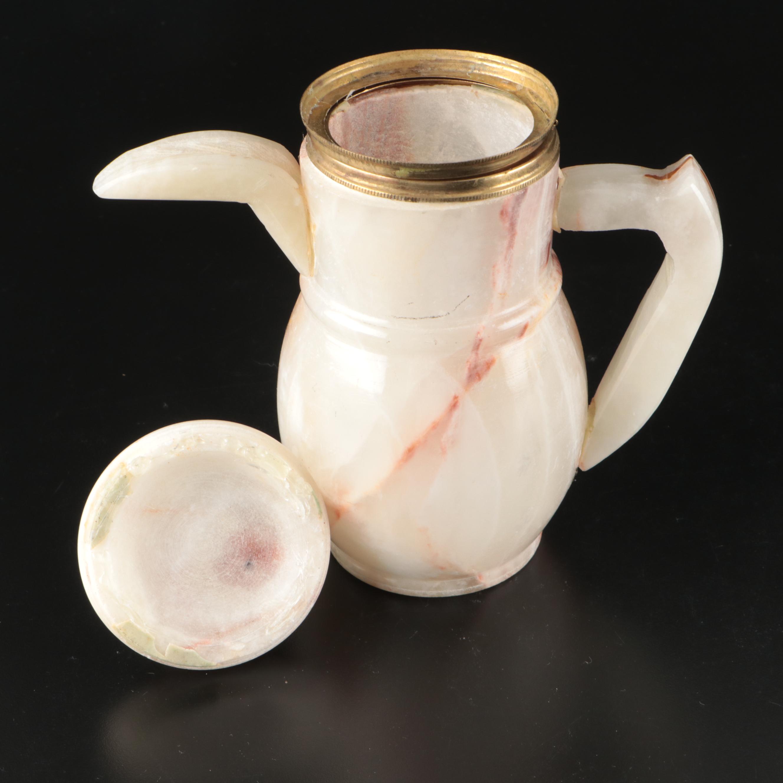 Middle Eastern Turned Onyx Dallah with Cups and Goblets