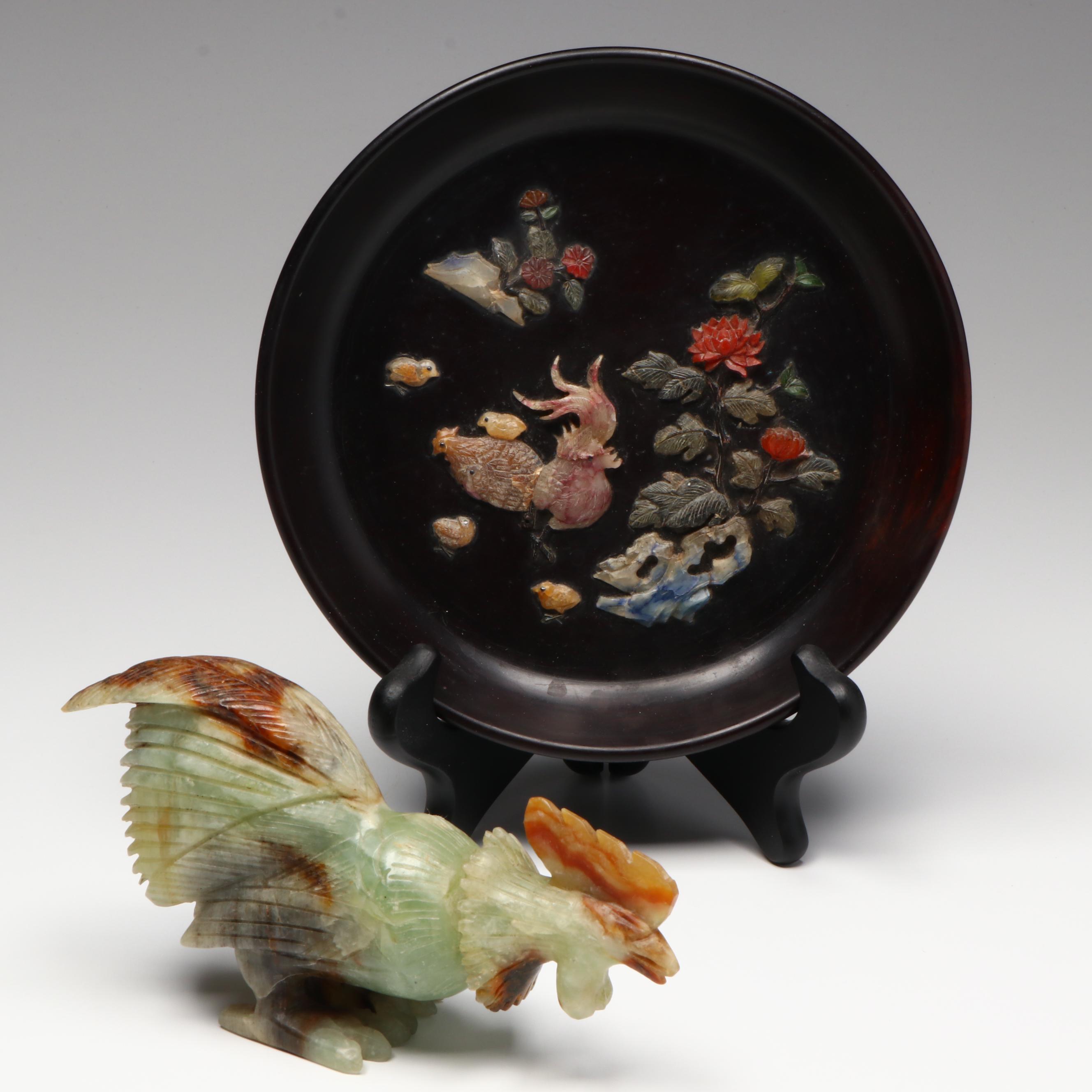 Chinese Carved Serpentine Rooster with Glass and Stone Onlay Plate