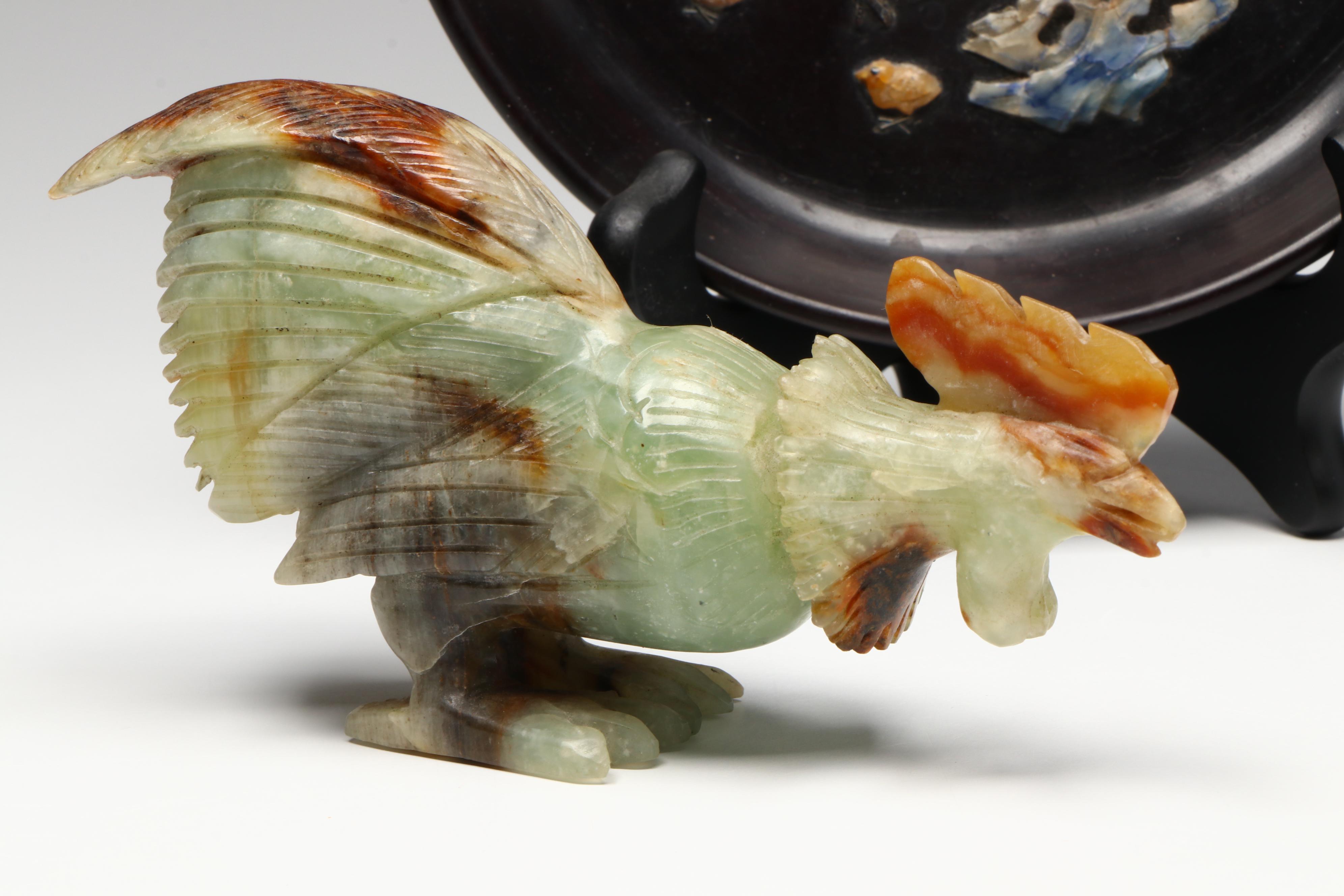 Chinese Carved Serpentine Rooster with Glass and Stone Onlay Plate