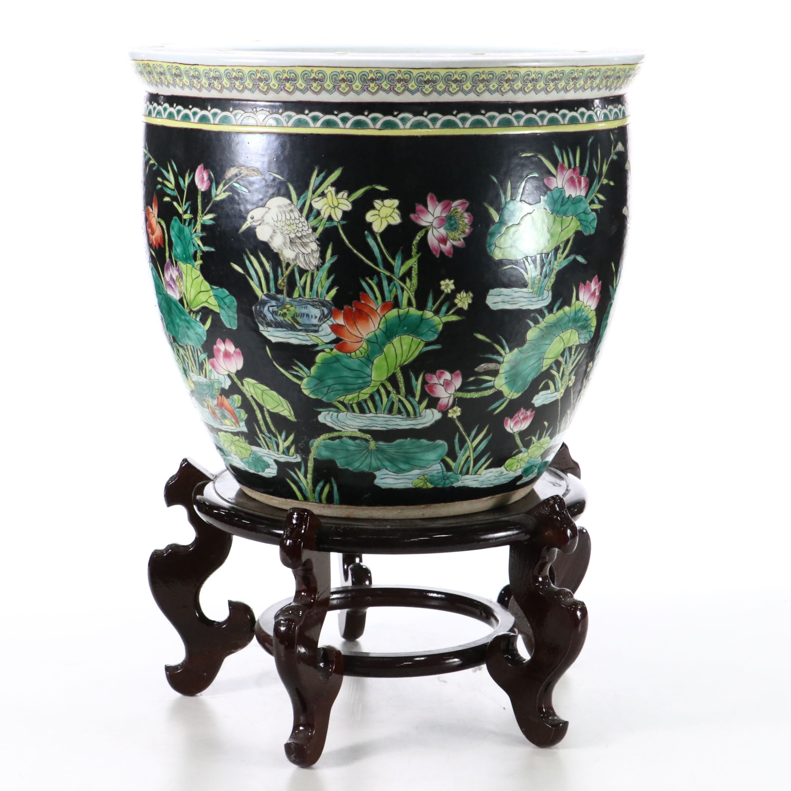 Famille Noire Chinese Porcelain Planter with Wooden Stand