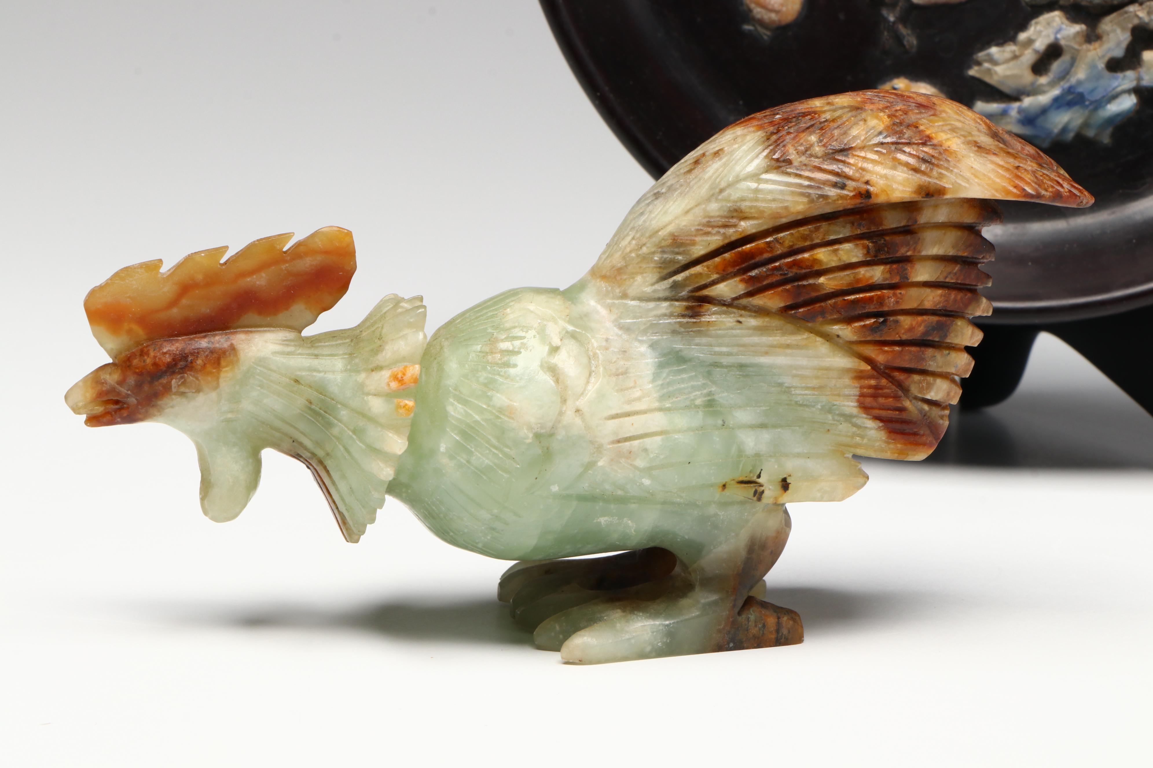 Chinese Carved Serpentine Rooster with Glass and Stone Onlay Plate