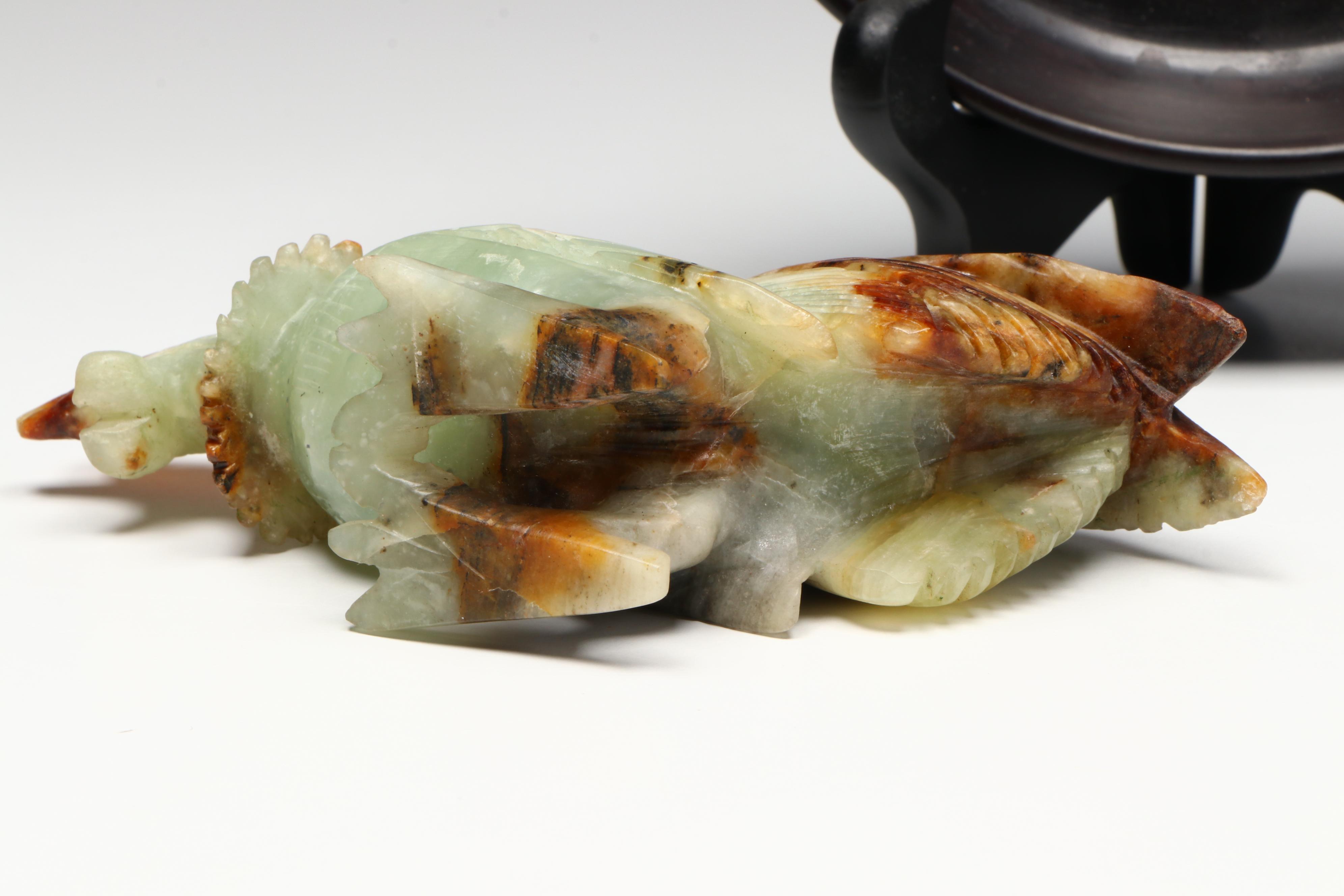 Chinese Carved Serpentine Rooster with Glass and Stone Onlay Plate