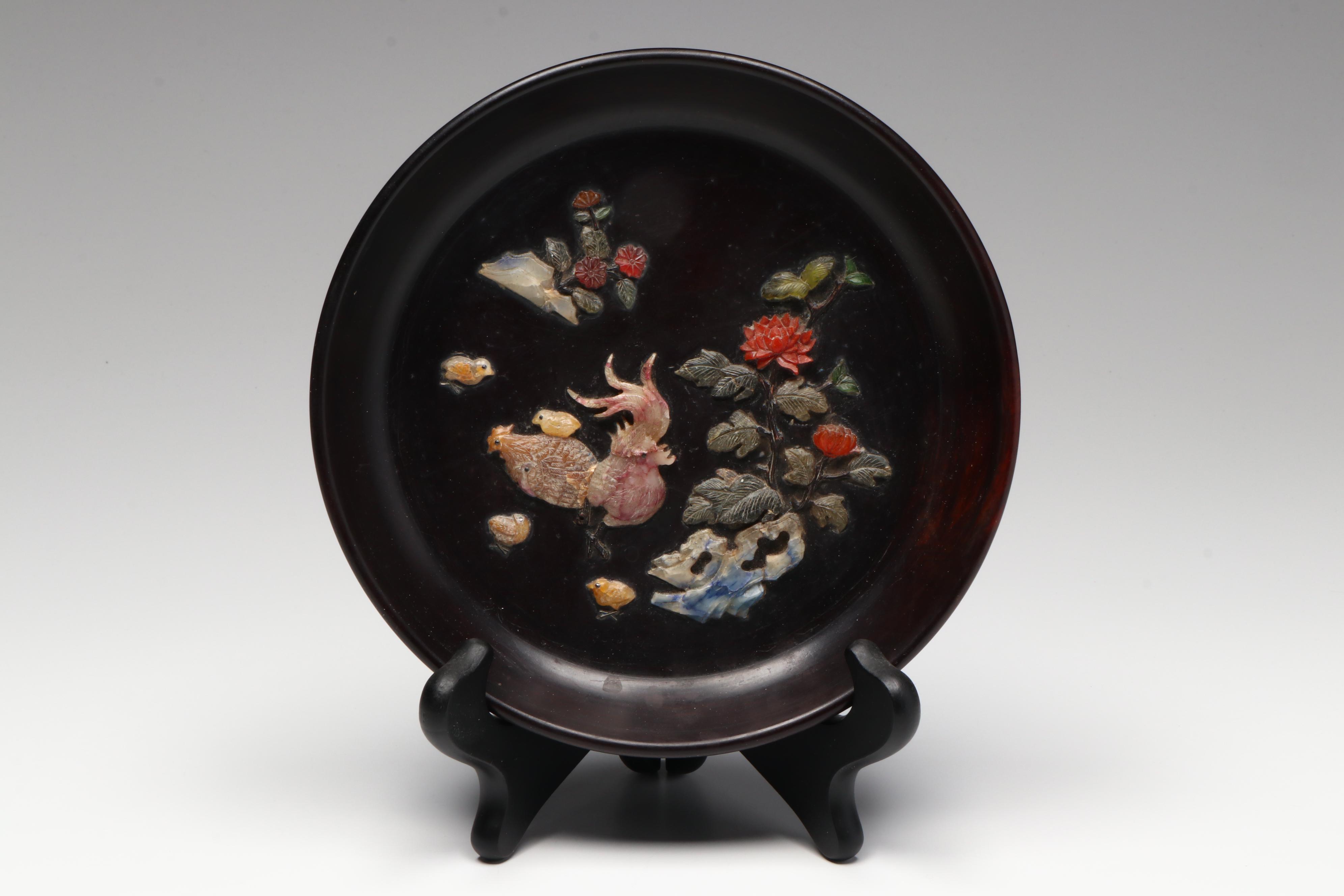 Chinese Carved Serpentine Rooster with Glass and Stone Onlay Plate