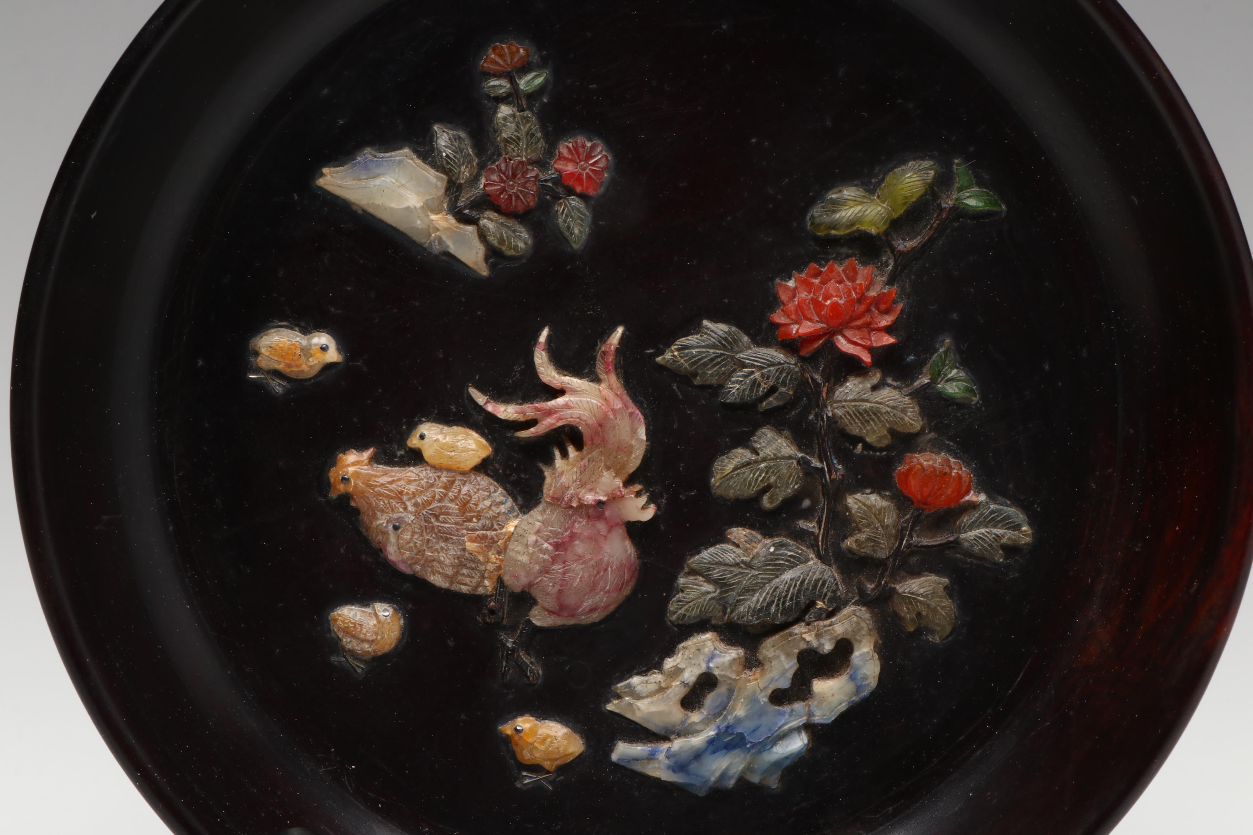 Chinese Carved Serpentine Rooster with Glass and Stone Onlay Plate