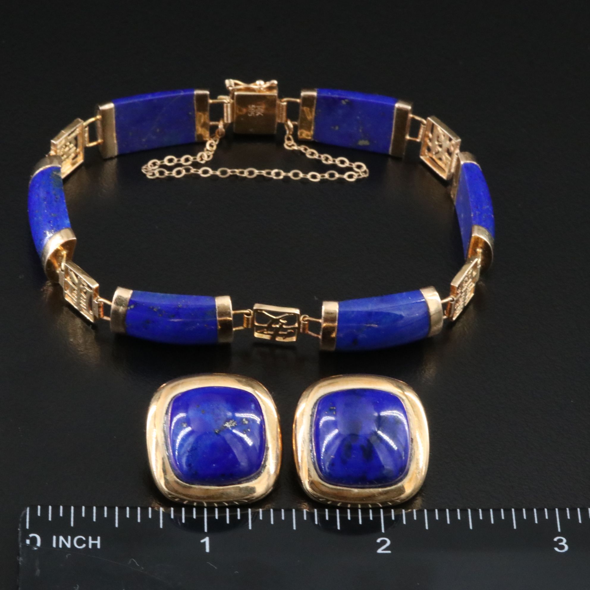 14K Lapis Earrings and Chinese Characters Bracelet