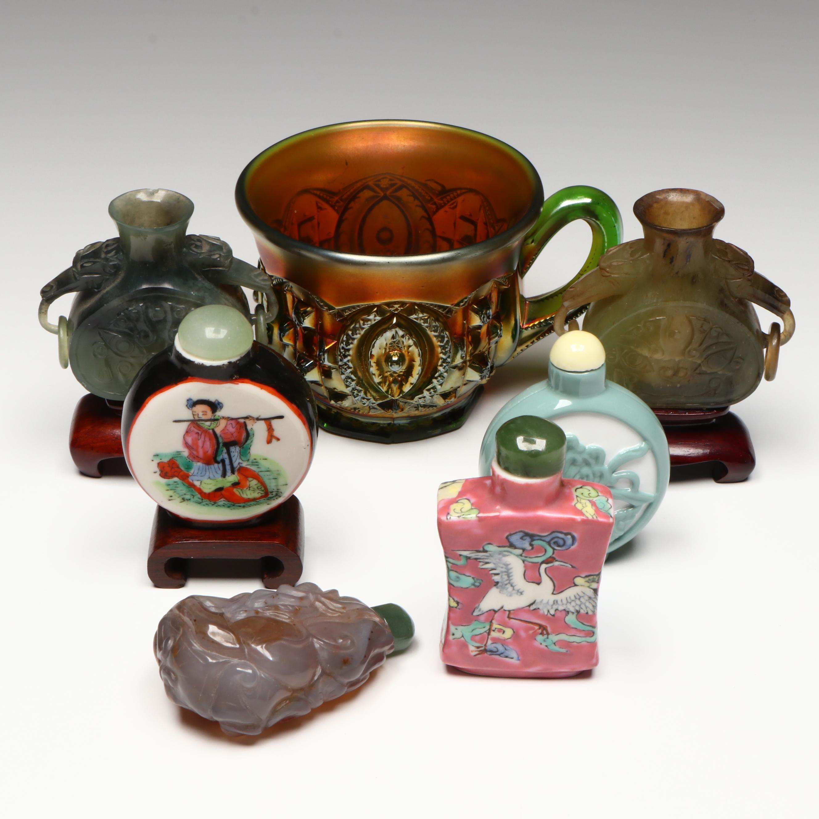 Chinese Snuff Bottle Collection with Northwood Memphis Carnival Glass Cup