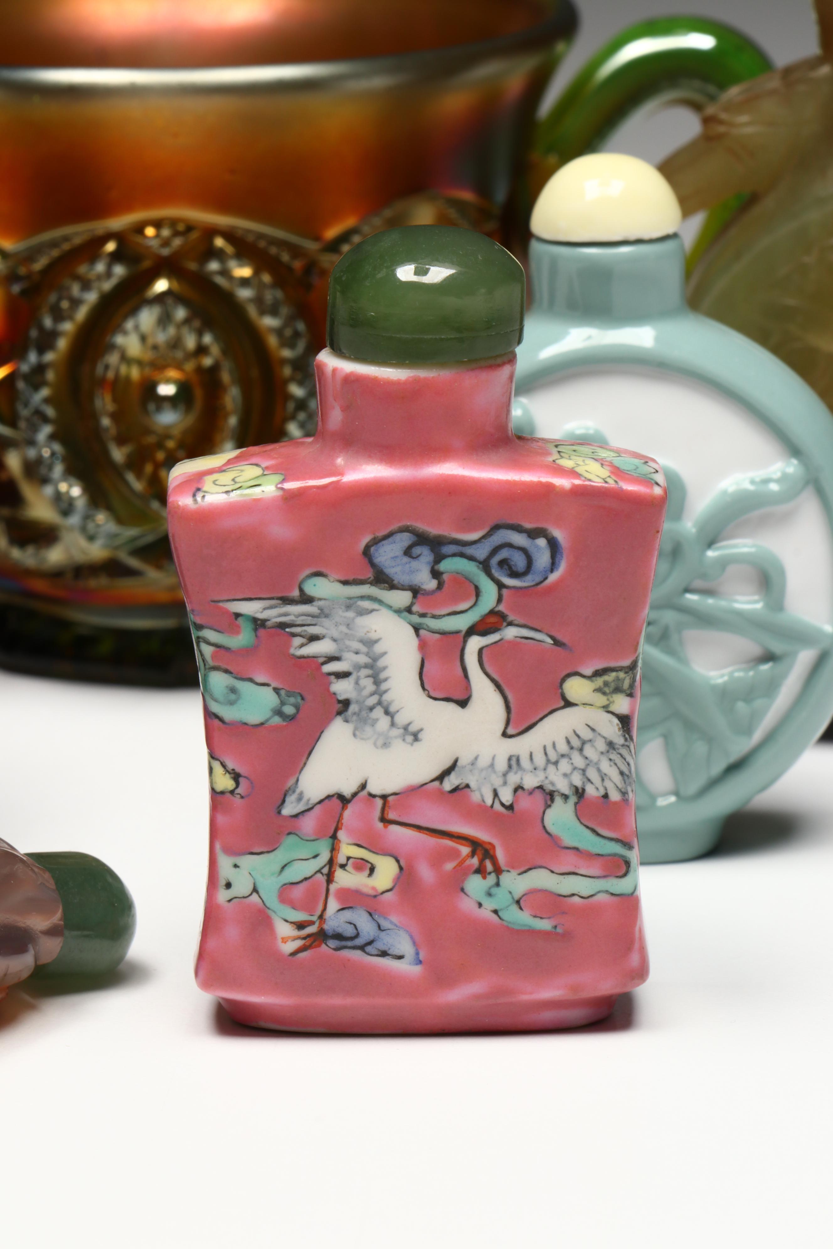 Chinese Snuff Bottle Collection with Northwood Memphis Carnival Glass Cup