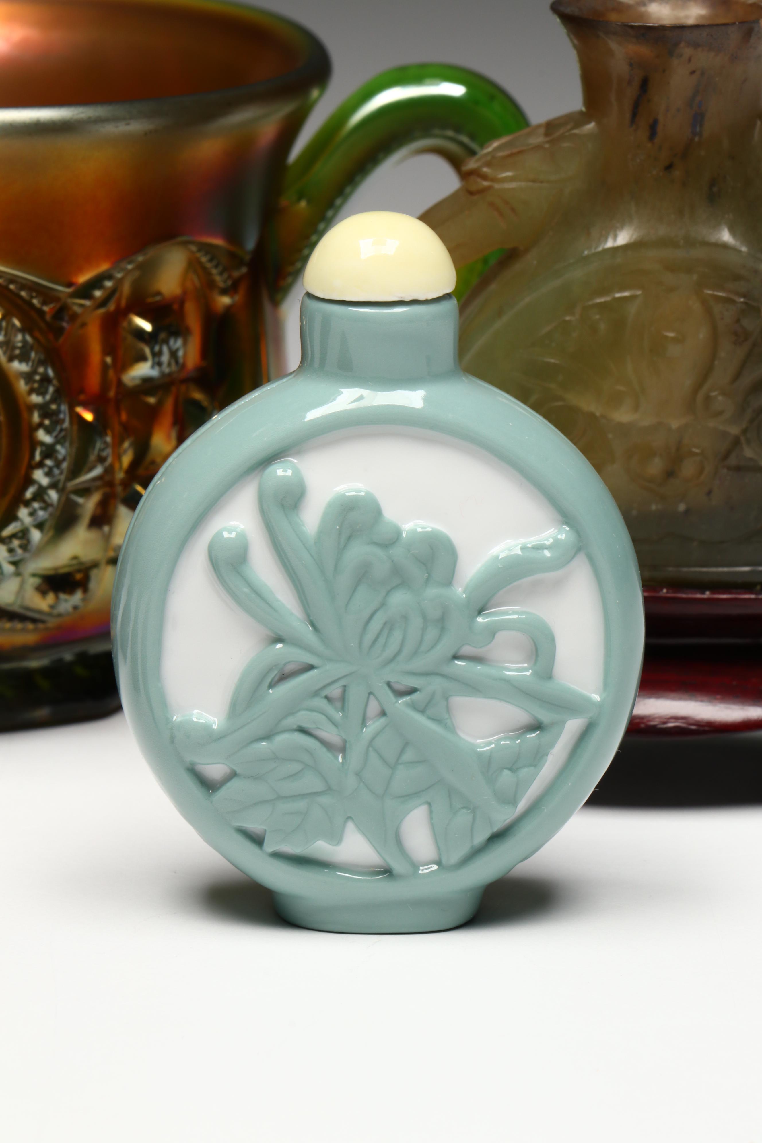 Chinese Snuff Bottle Collection with Northwood Memphis Carnival Glass Cup