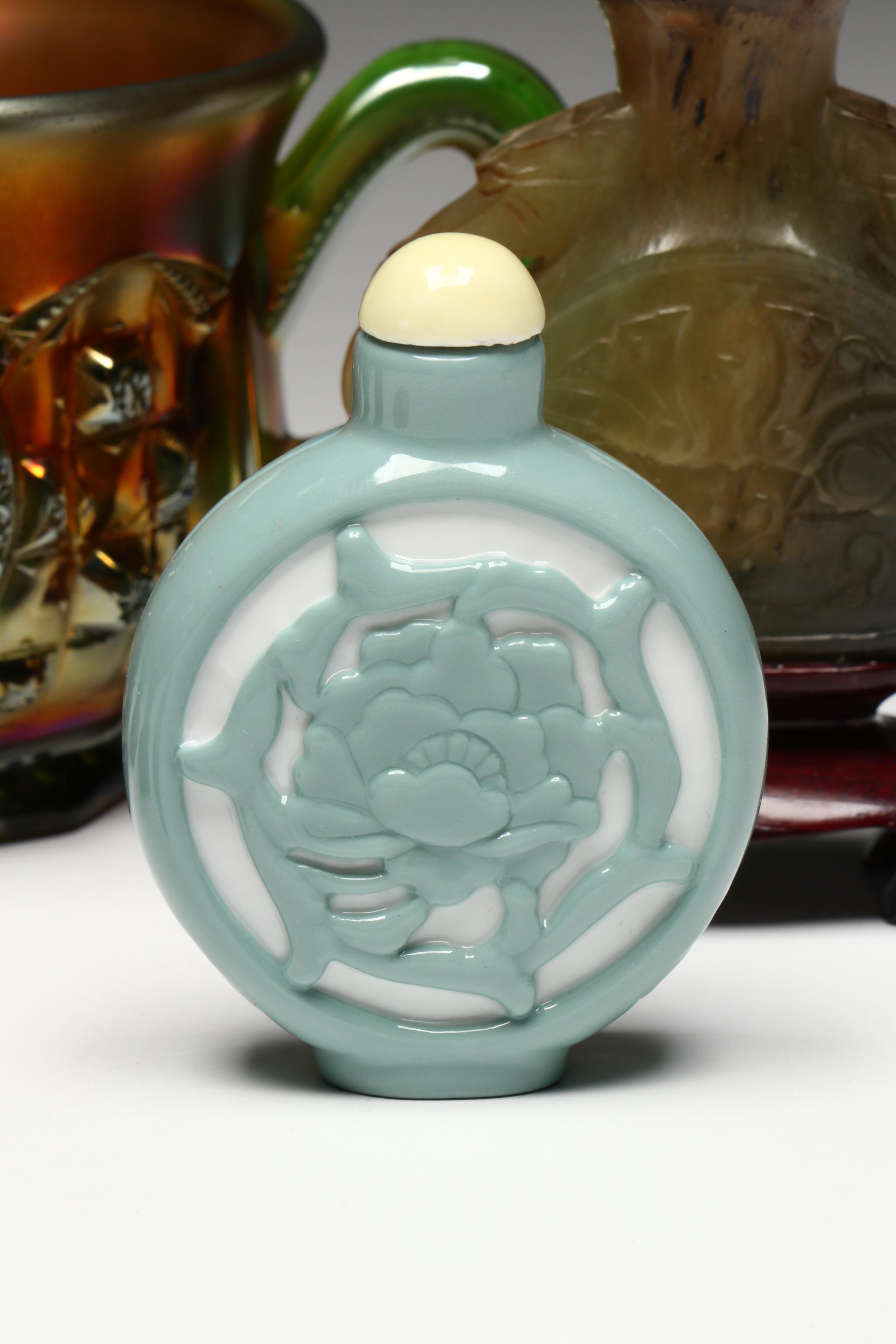 Chinese Snuff Bottle Collection with Northwood Memphis Carnival Glass Cup