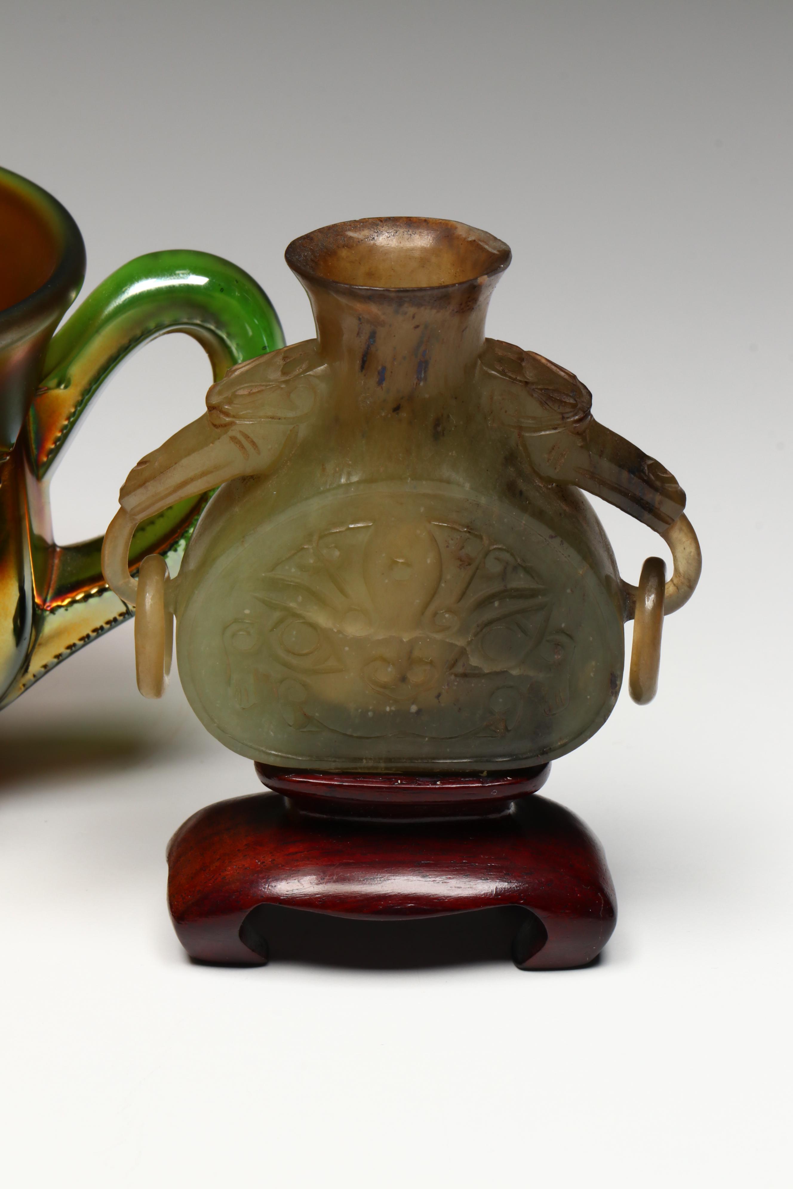 Chinese Snuff Bottle Collection with Northwood Memphis Carnival Glass Cup