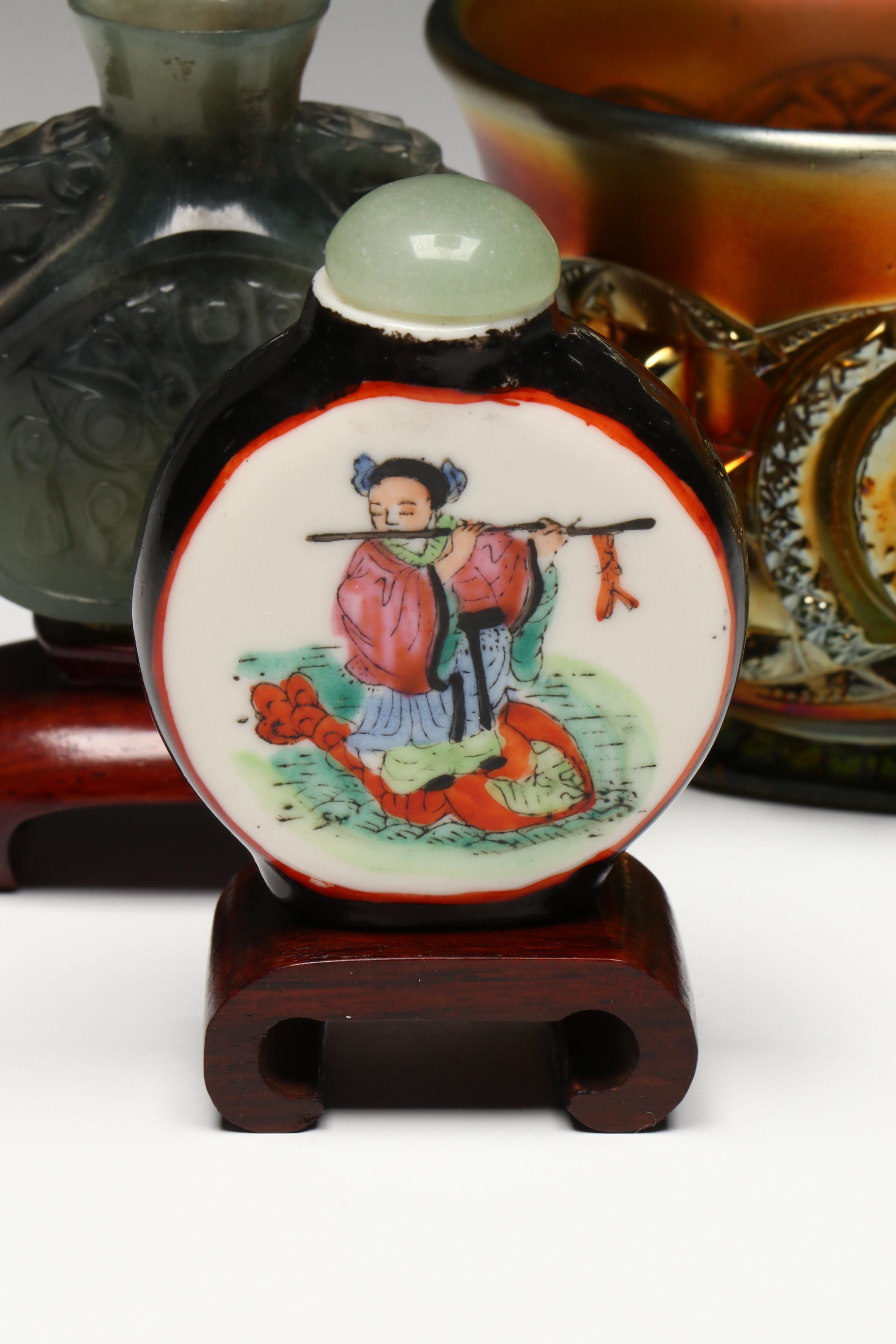 Chinese Snuff Bottle Collection with Northwood Memphis Carnival Glass Cup