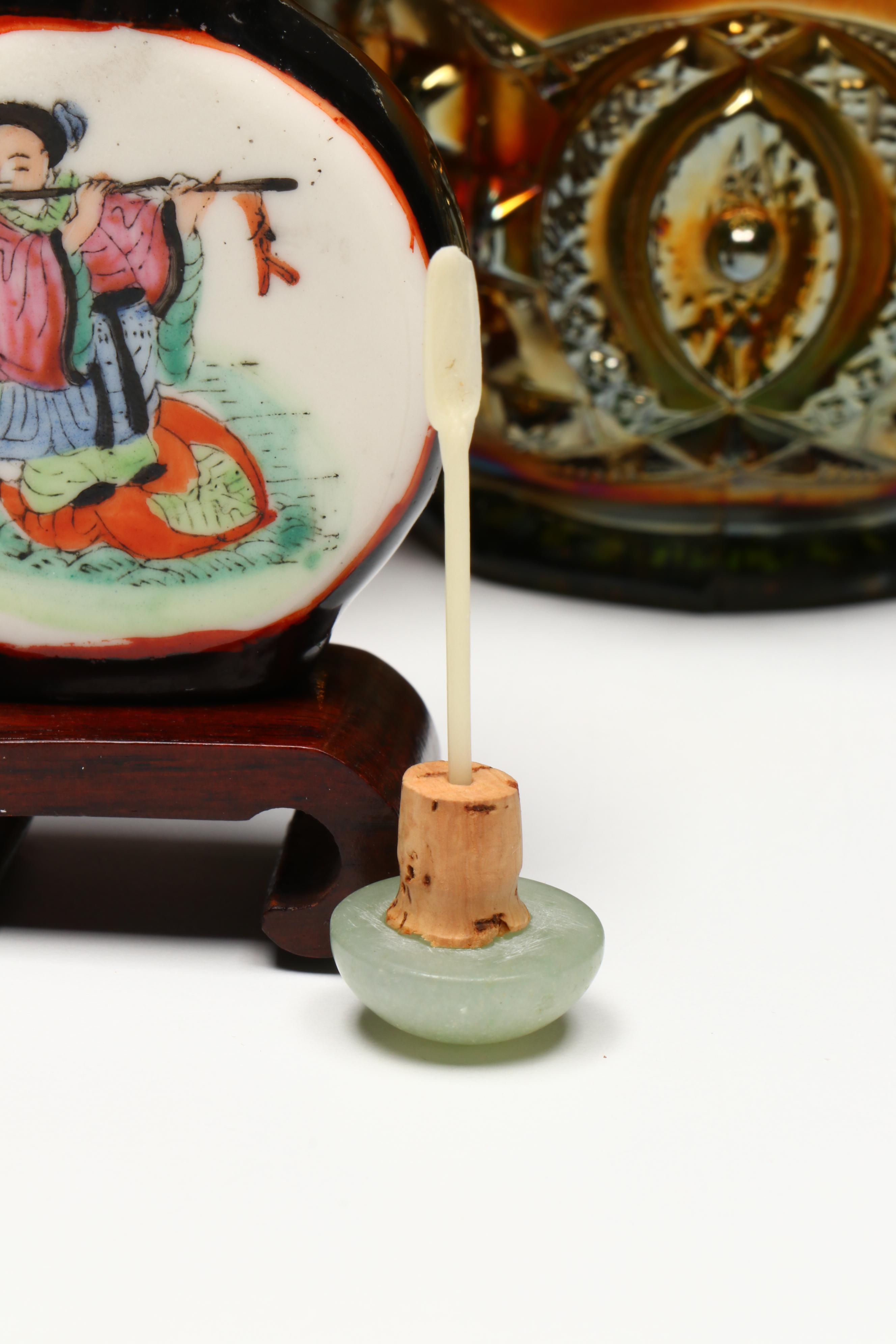 Chinese Snuff Bottle Collection with Northwood Memphis Carnival Glass Cup