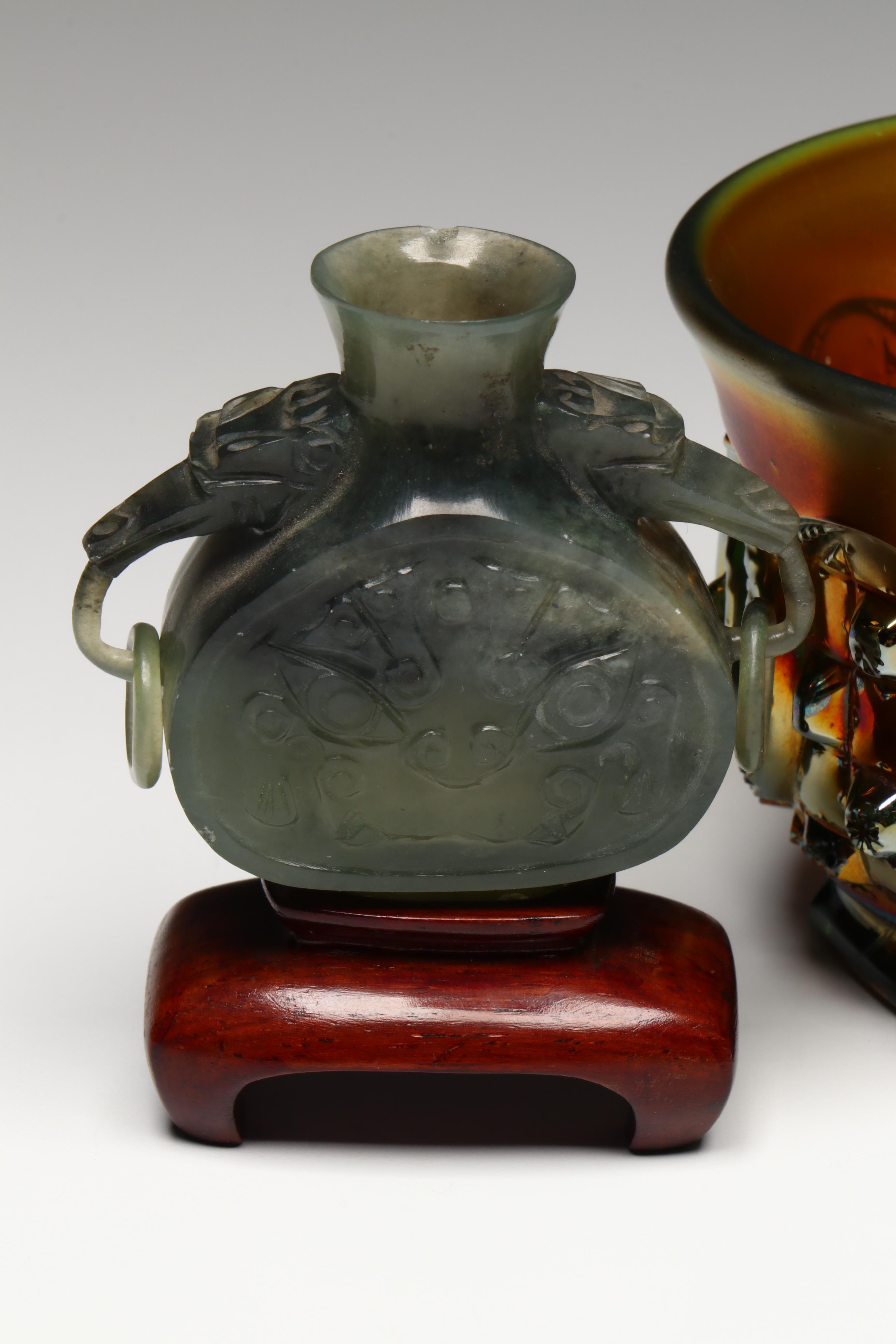 Chinese Snuff Bottle Collection with Northwood Memphis Carnival Glass Cup