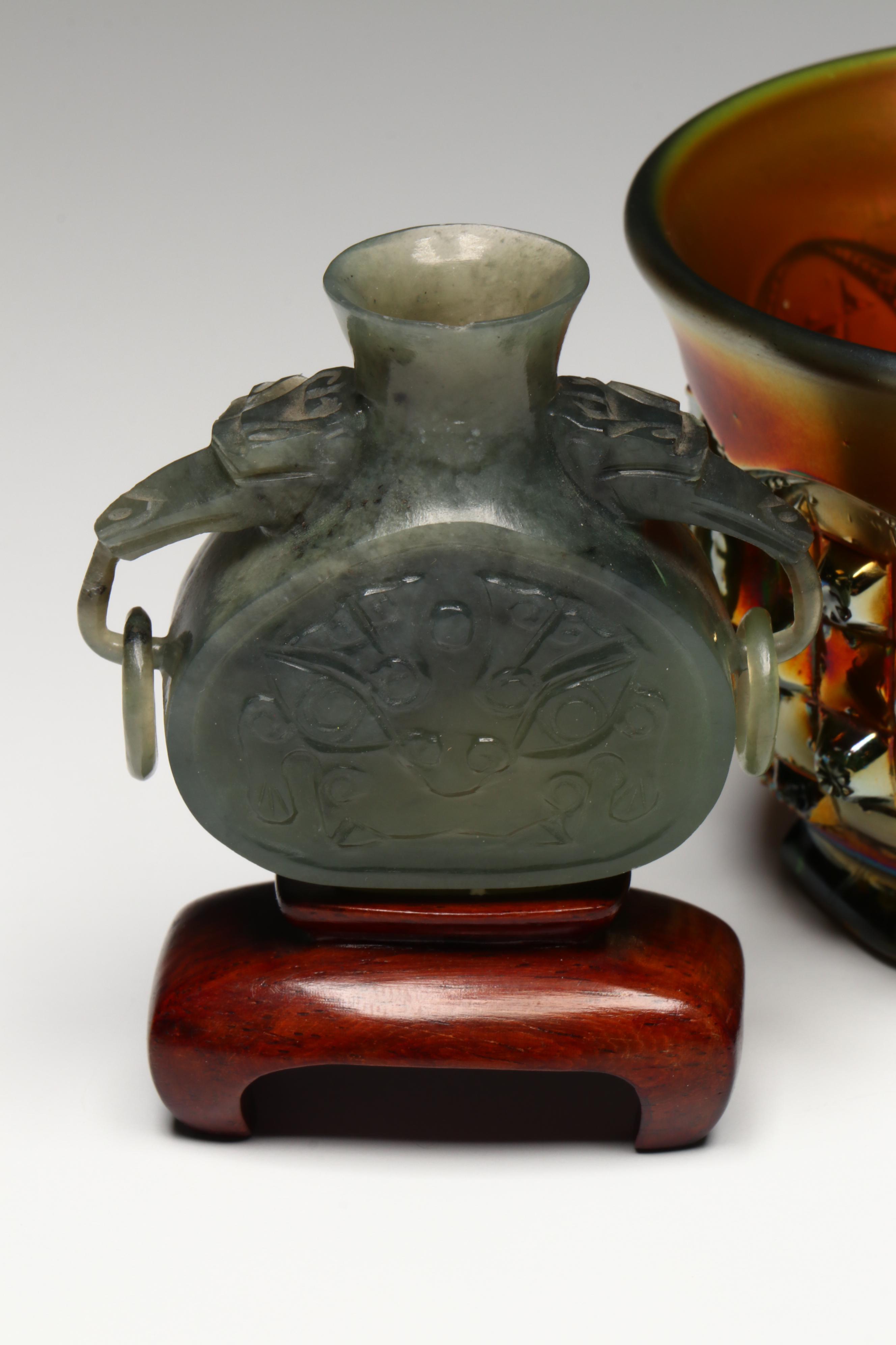 Chinese Snuff Bottle Collection with Northwood Memphis Carnival Glass Cup