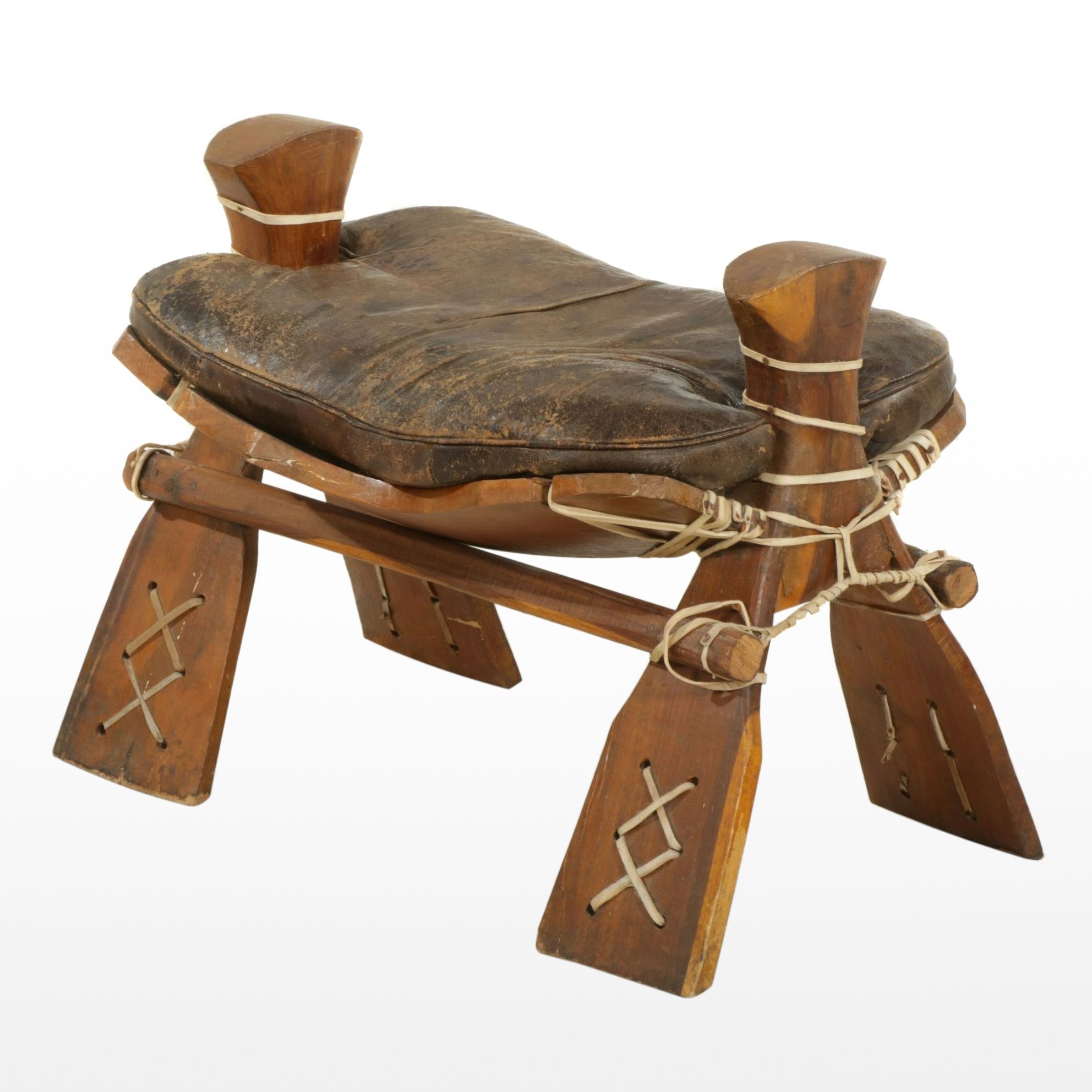 Rustic Camel Saddle Style Footstool with Leather Cushion