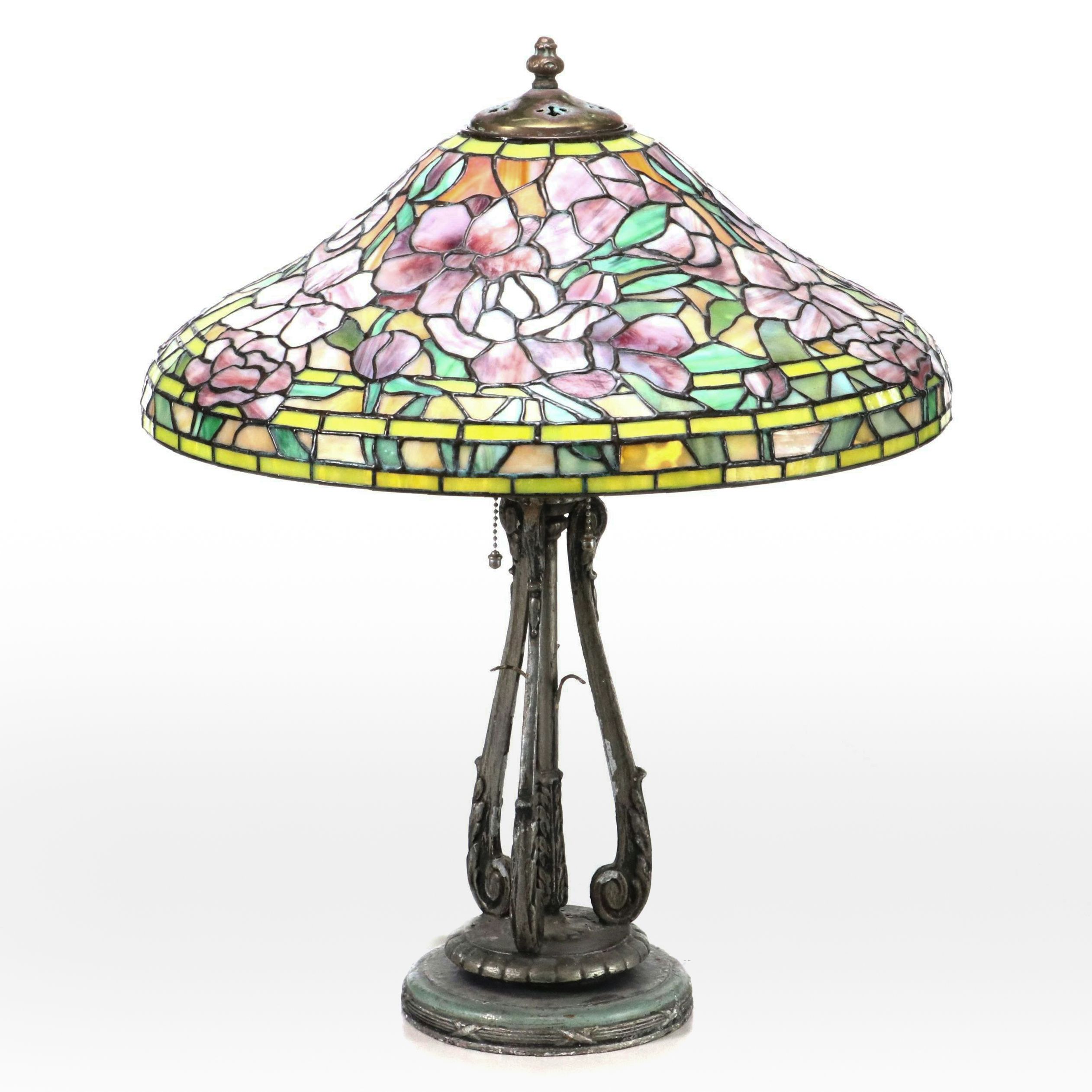 Art Nouveau Style Fiddle Head Fern Footed Lamp with Slag Glass Magnolia Shade