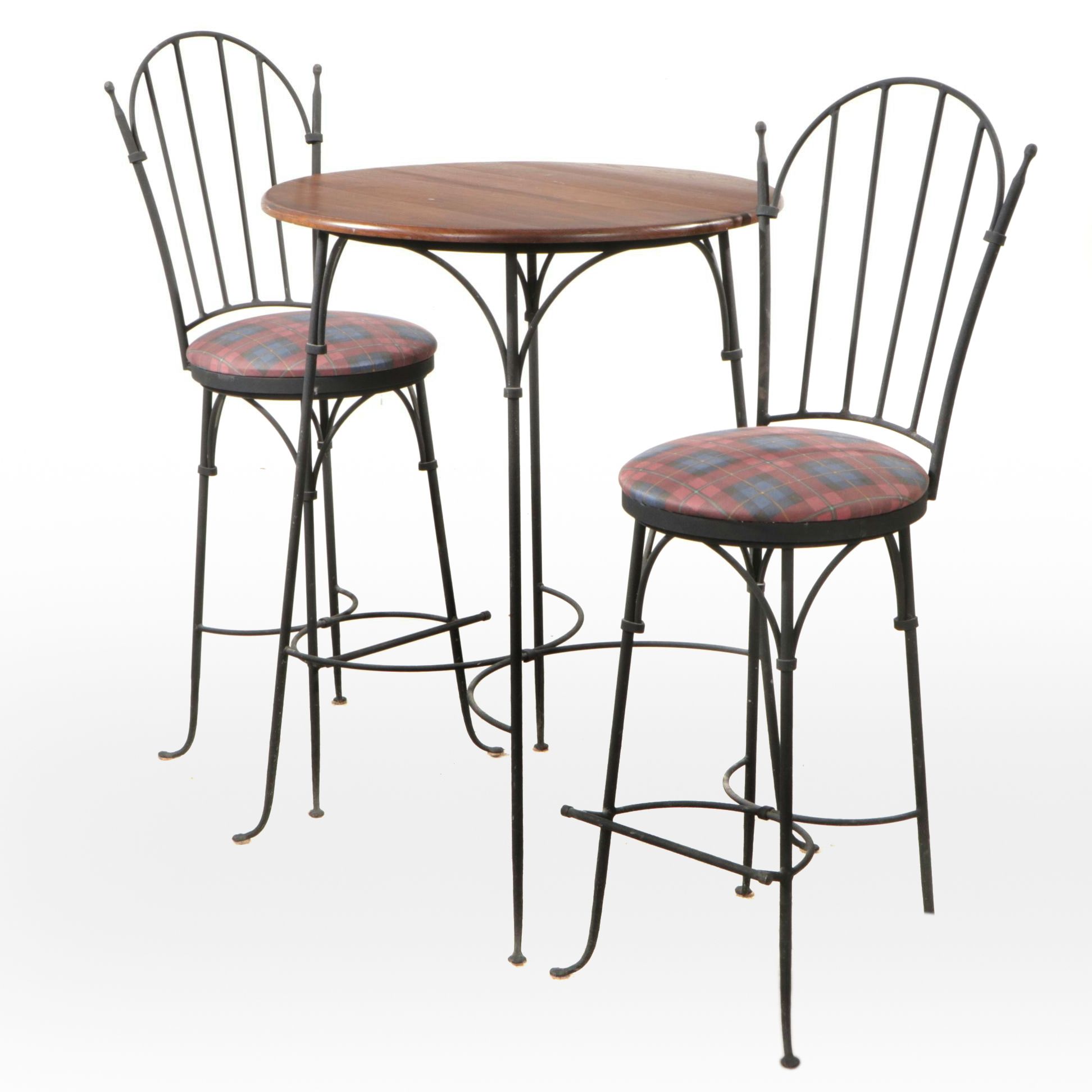 Charleston Forge Wrought  Iron and Oak High-Top Bistro Table and Two Chairs