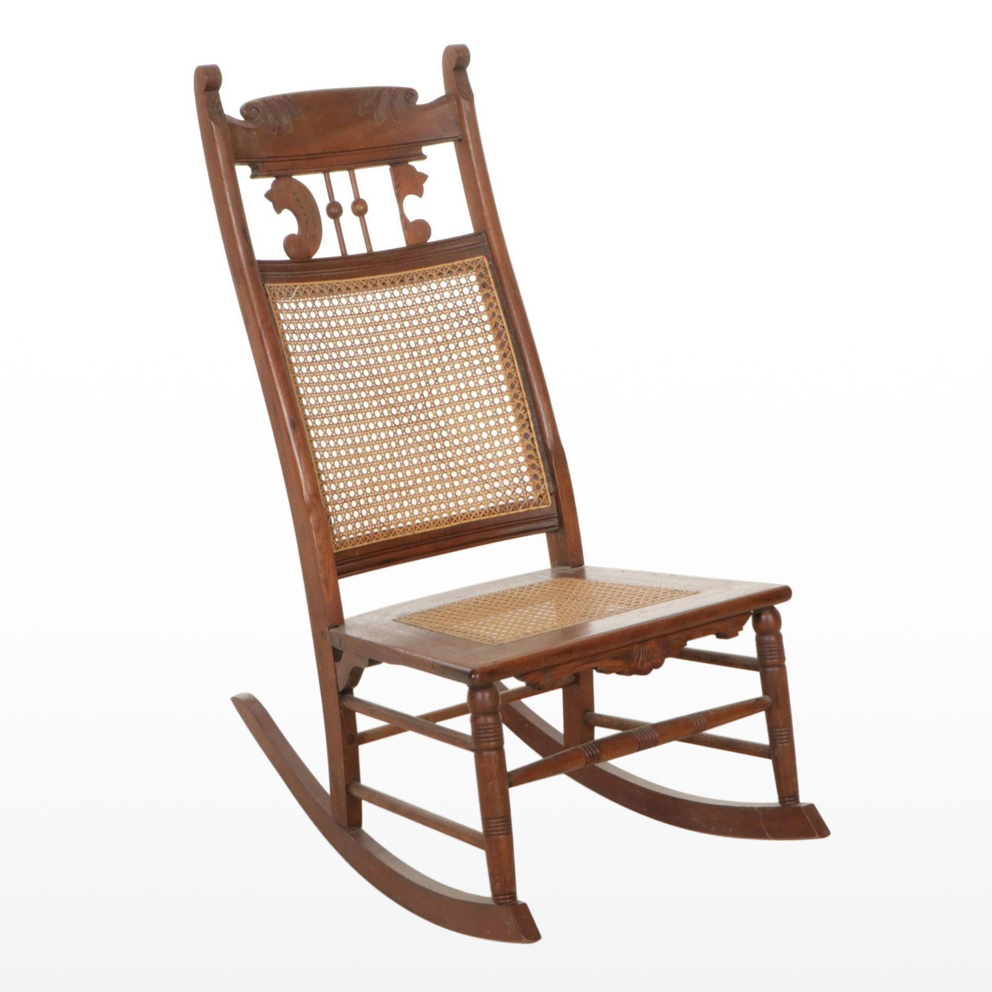 Cane and Carved Wood Rocking Chair