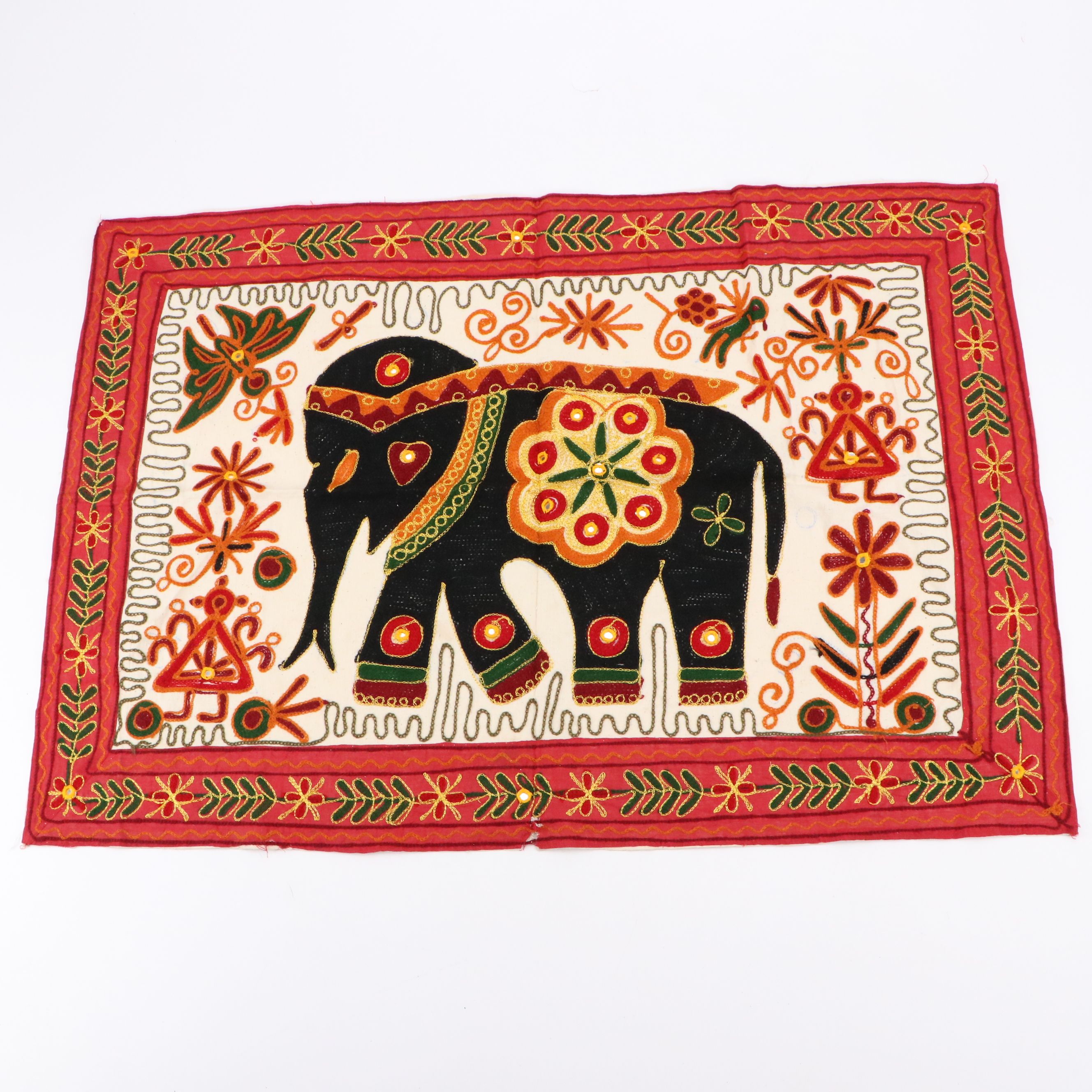 Indian Embroidered Placemat, Ornate Traditional Wedding Pouch and Elephant