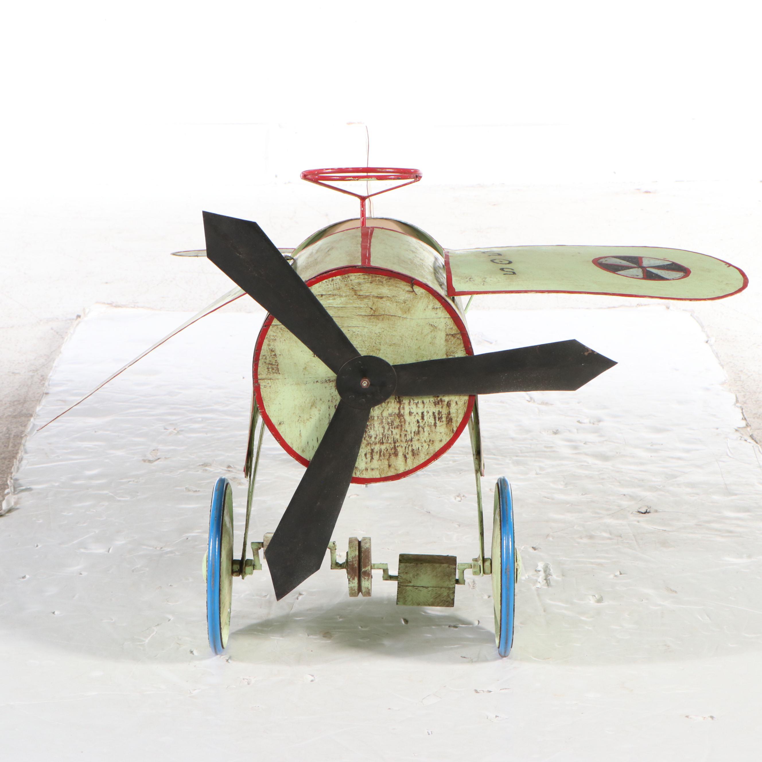 Vintage Polychrome Decorated Metal Ride-On Toy Airplane