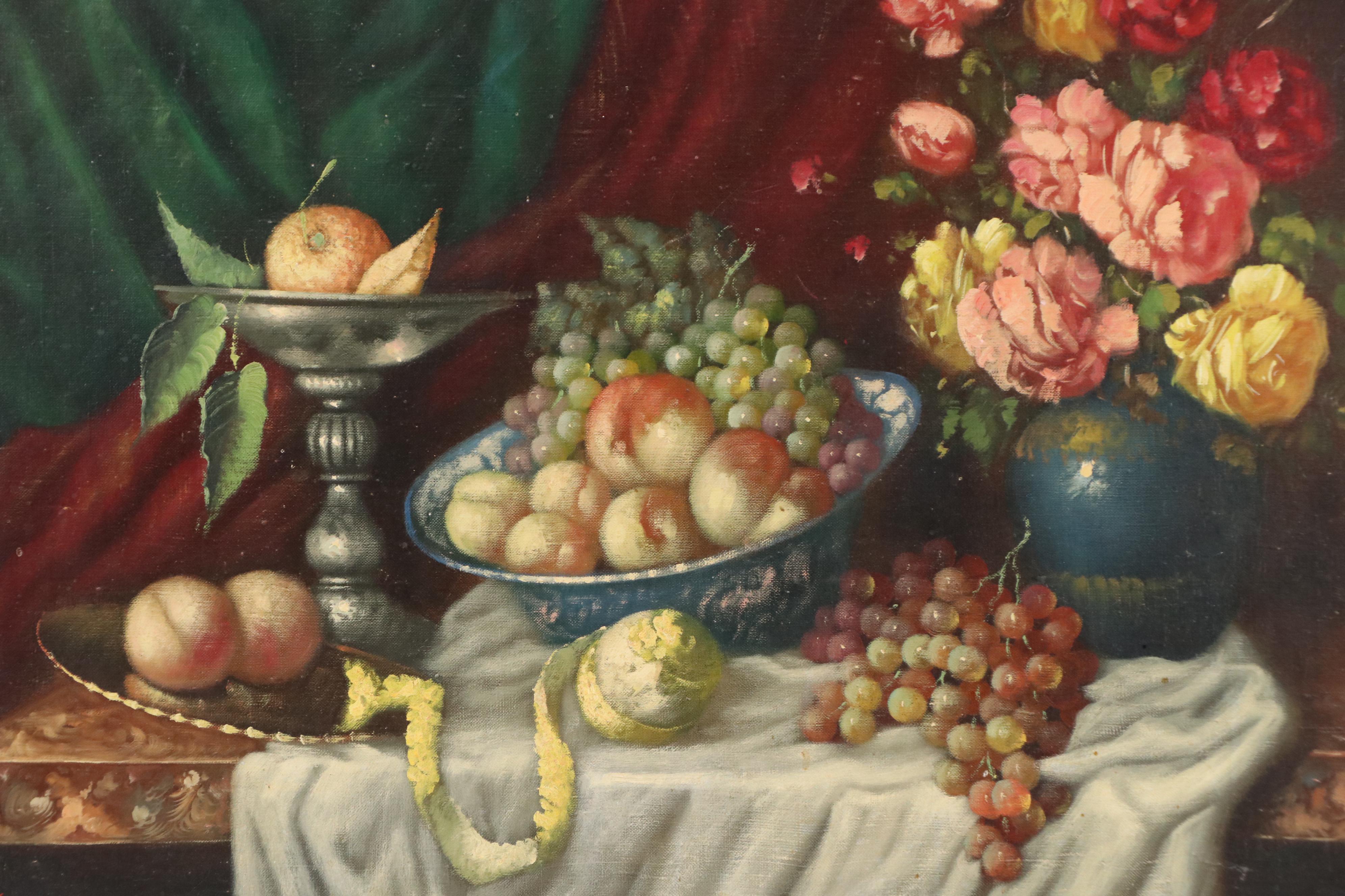 Floral Still Life Oil Painting with Fruit, Late 20th Century