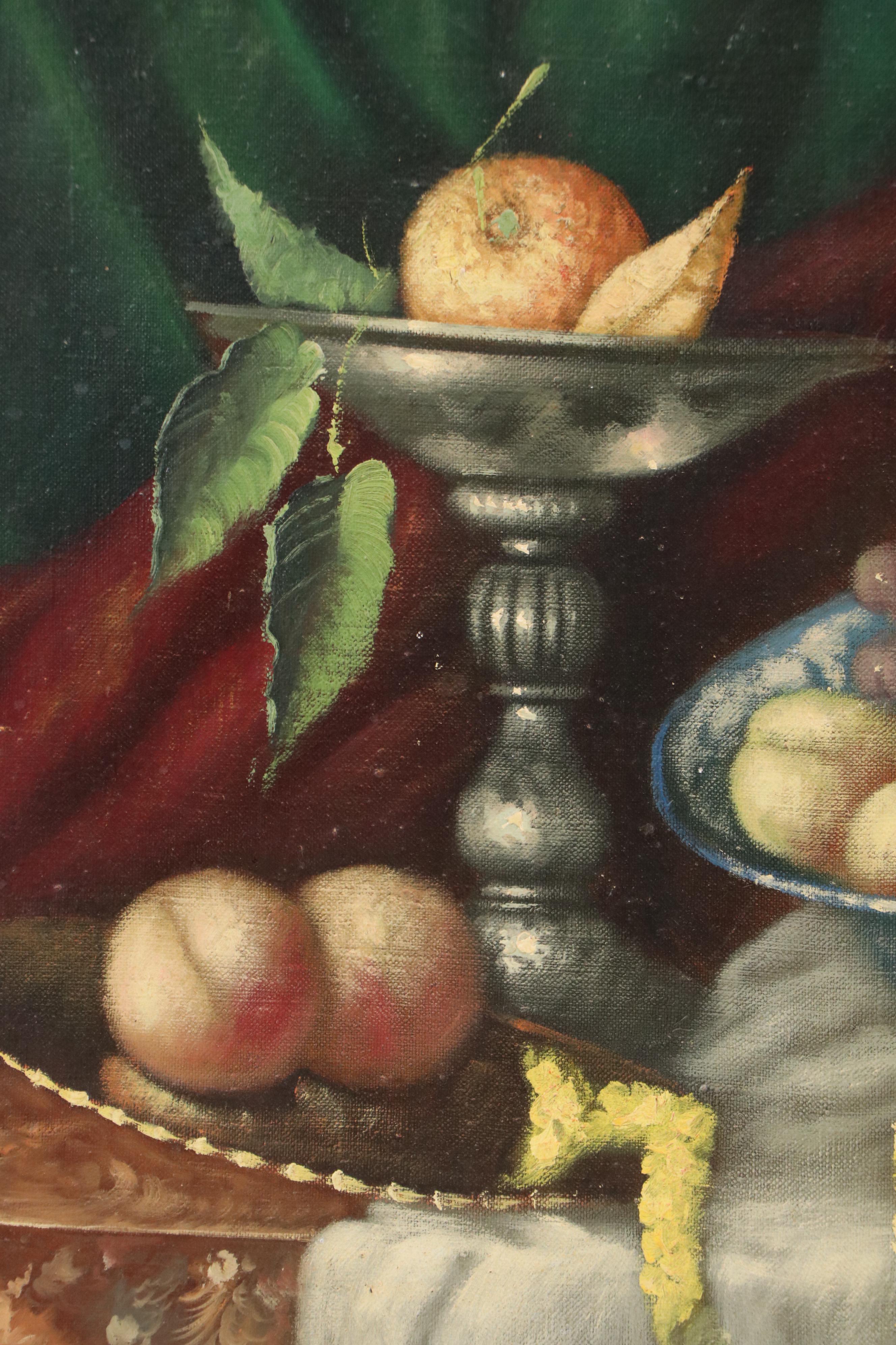 Floral Still Life Oil Painting with Fruit, Late 20th Century