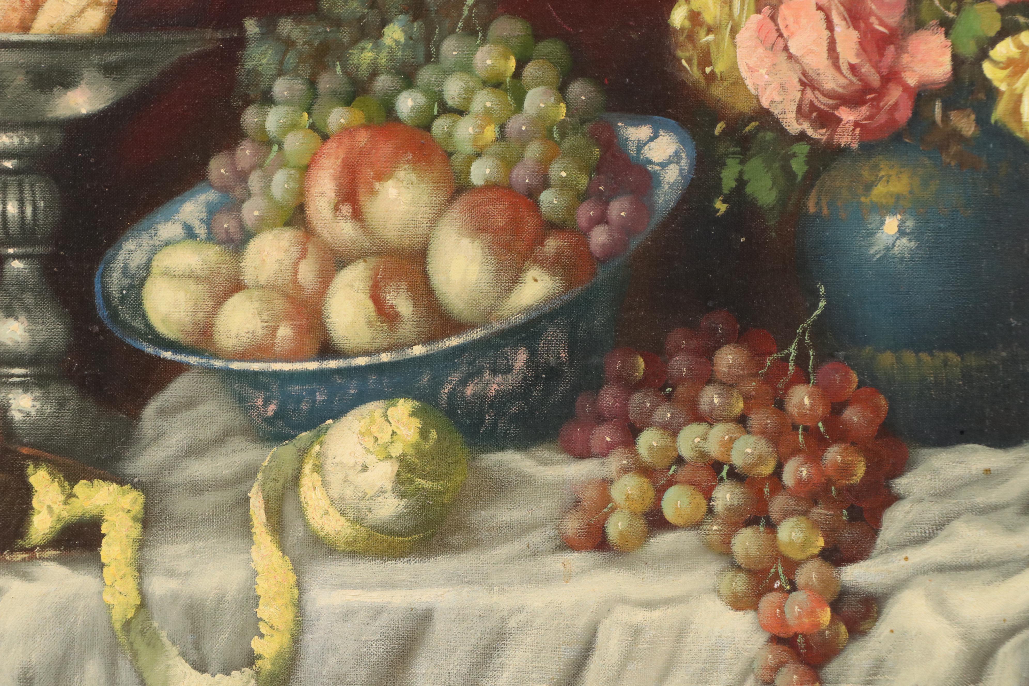 Floral Still Life Oil Painting with Fruit, Late 20th Century