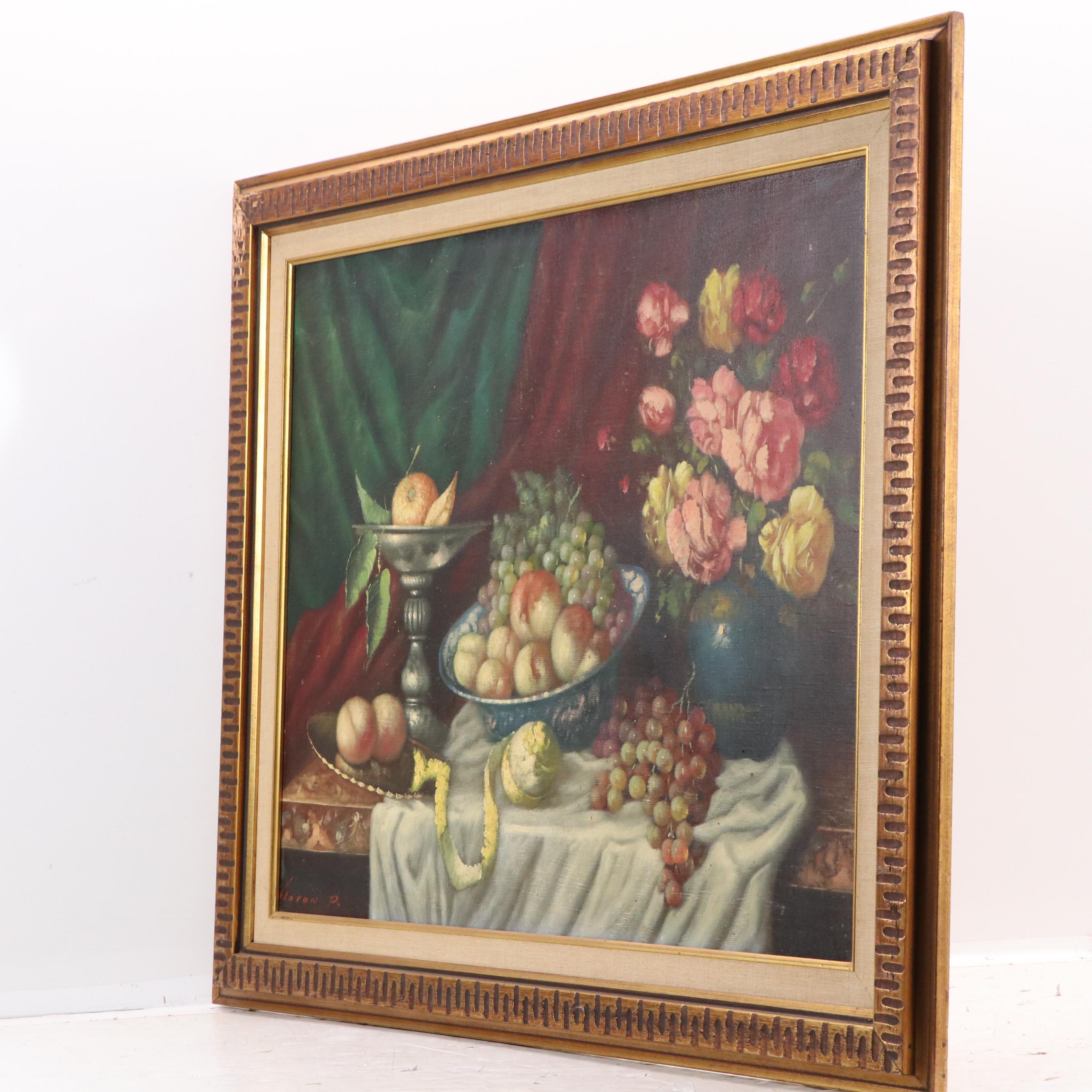 Floral Still Life Oil Painting with Fruit, Late 20th Century